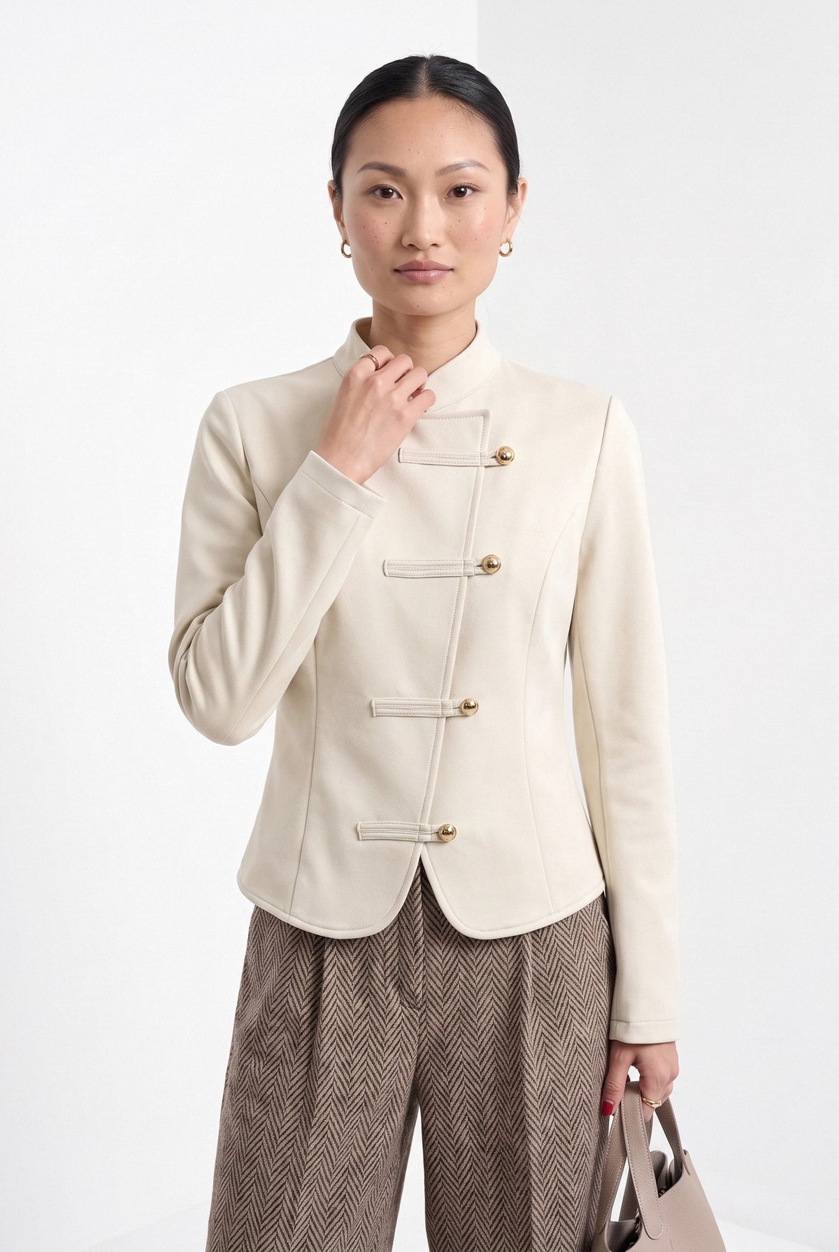 BLENIN stand collar fitted jacket in cream, front portrait