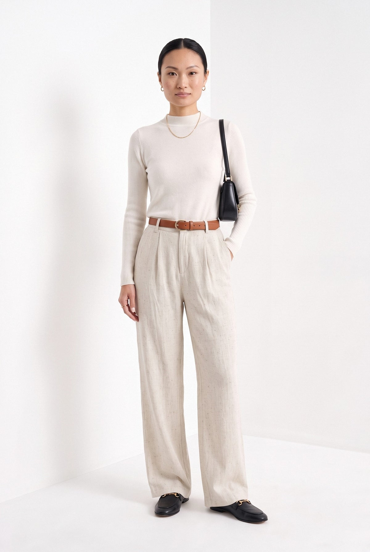 BLENIN cashmere mock neck sweater in milky, full-length front view