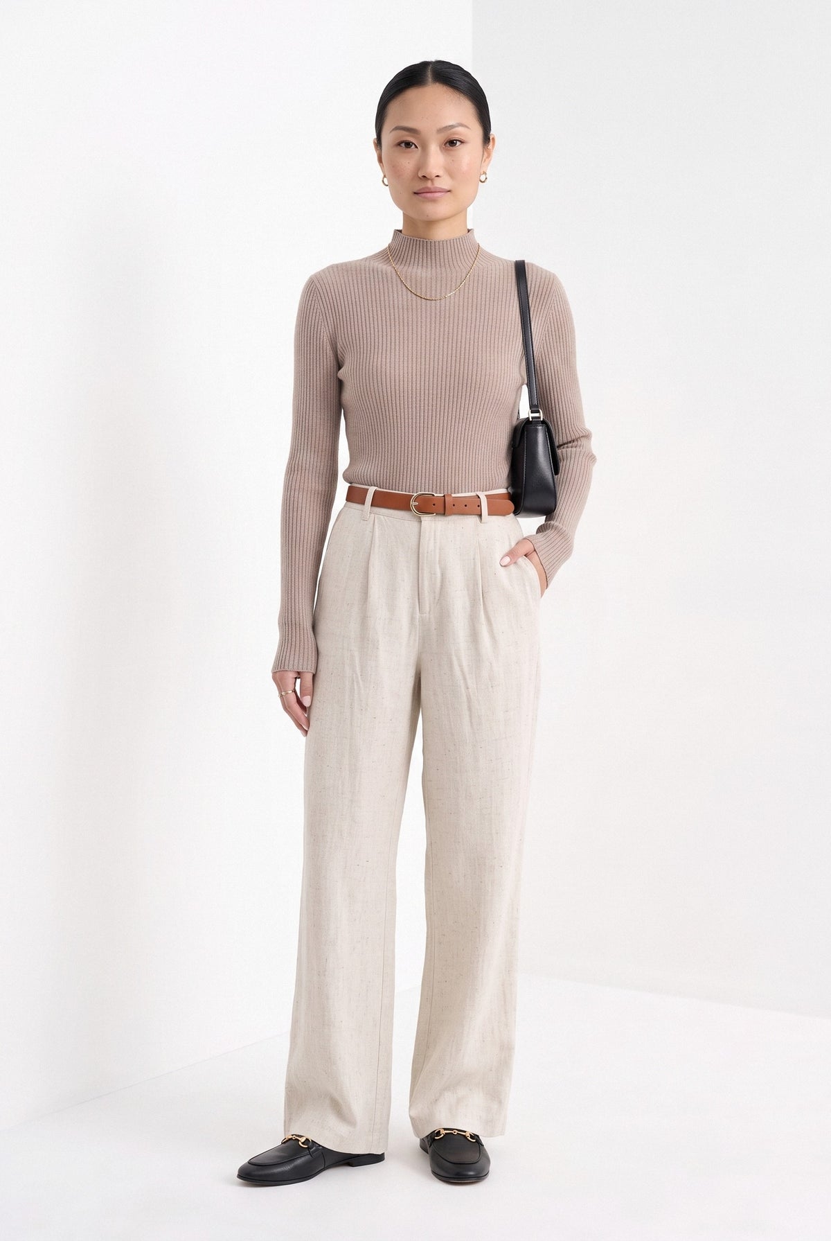 BLENIN cashmere mock neck sweater in camel, full-length front view