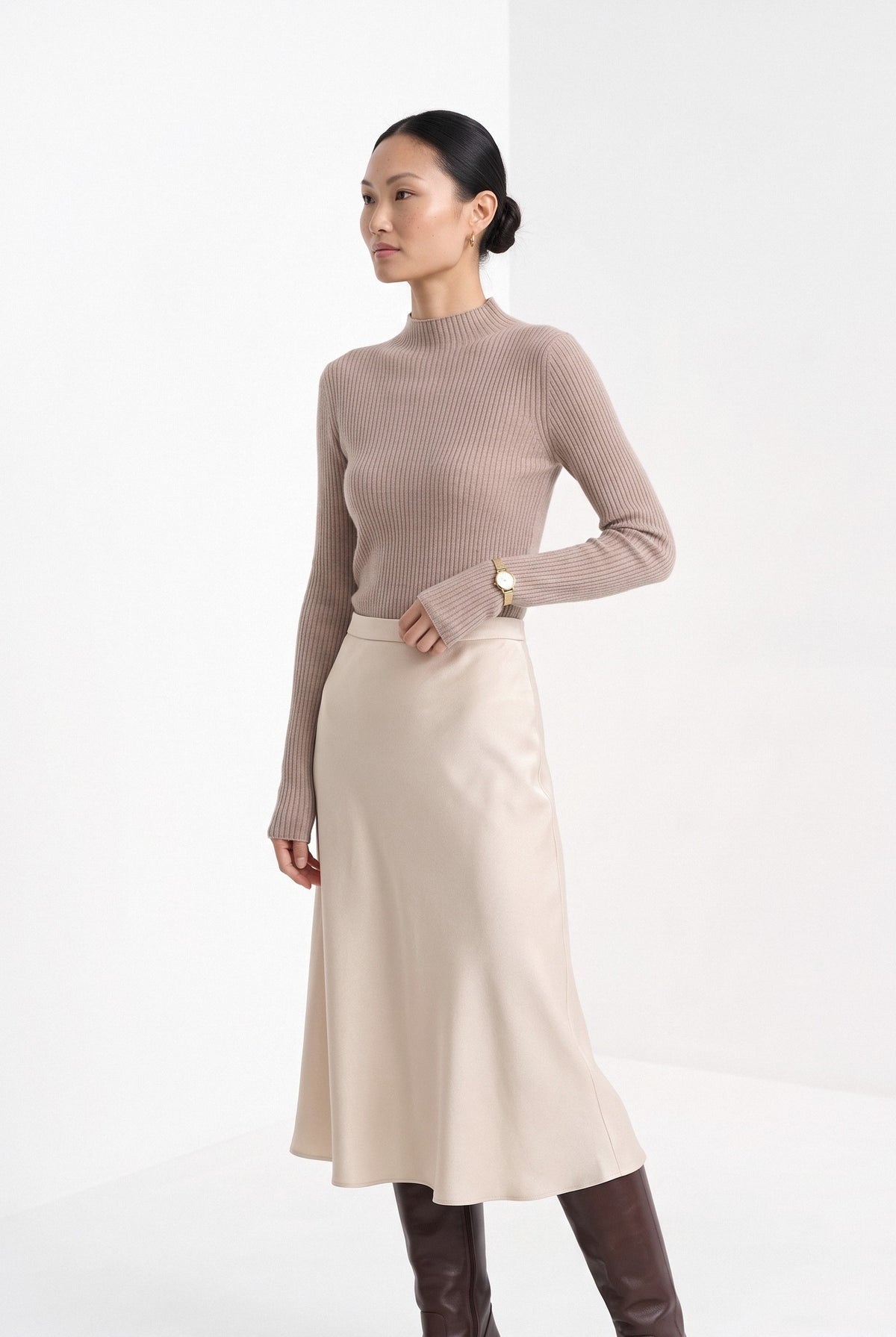 BLENIN cashmere mock neck sweater in camel, three-quarter view