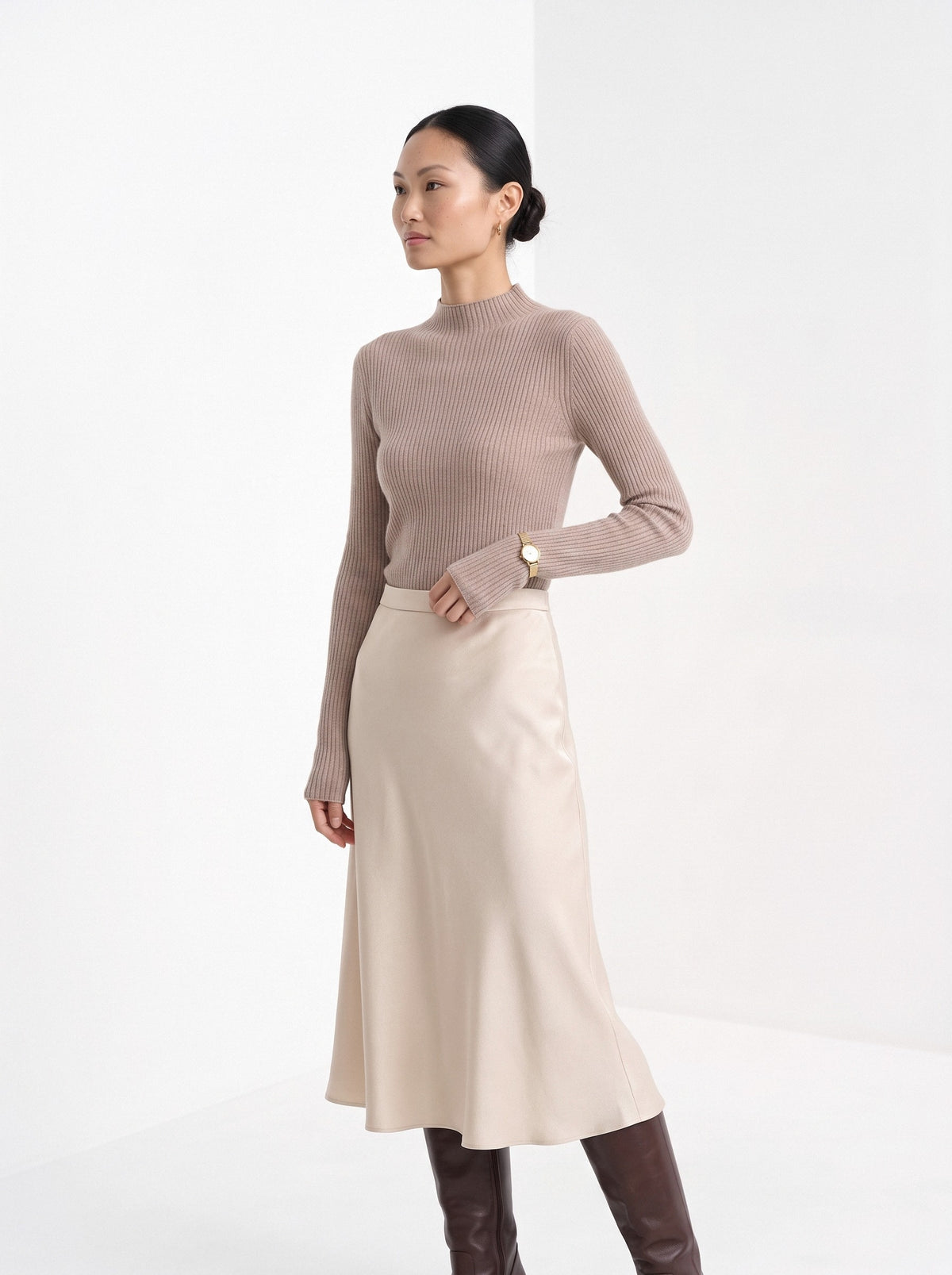 BLENIN cashmere mock neck sweater in camel, three-quarter view