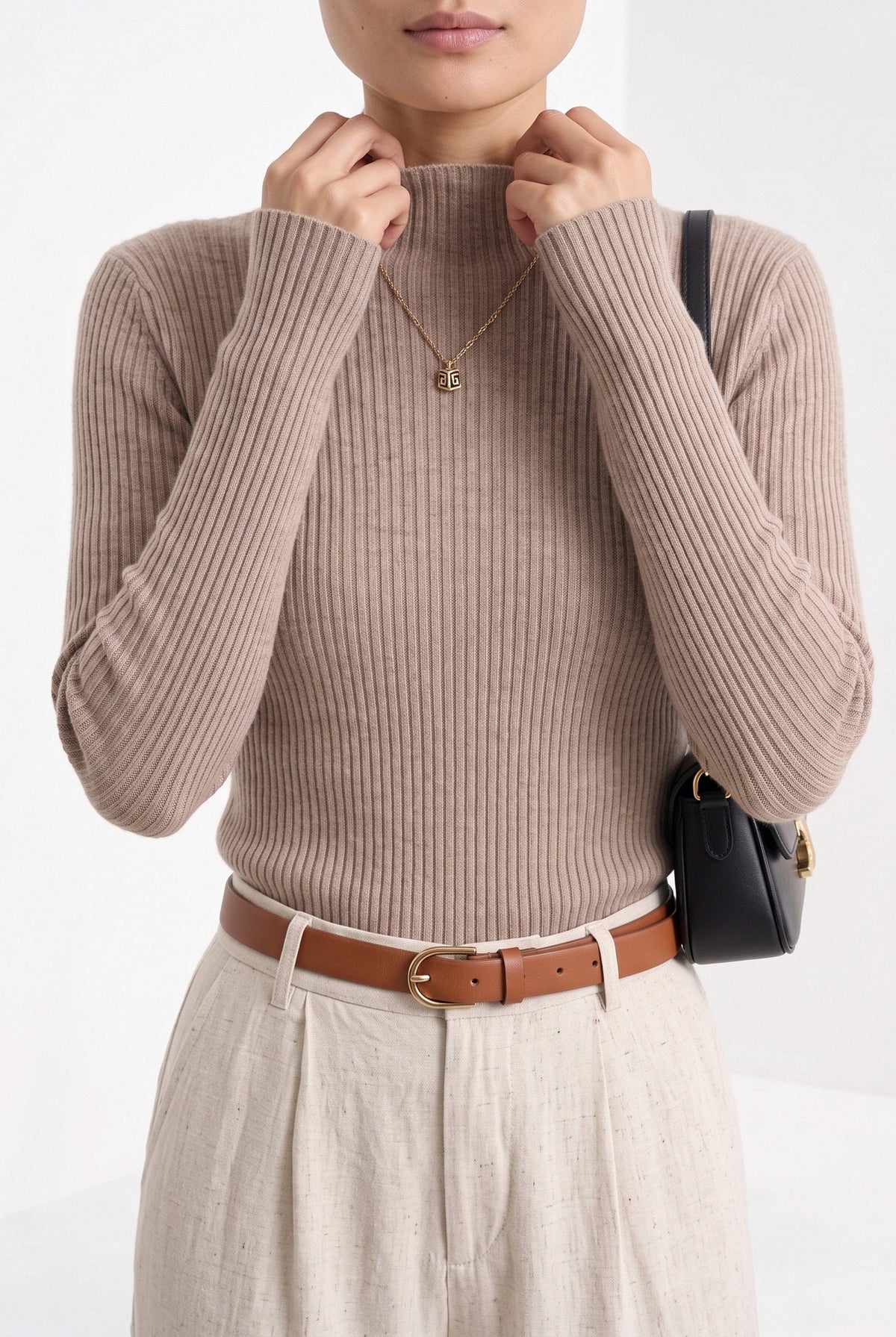 BLENIN cashmere mock neck sweater in camel, close-up of the details