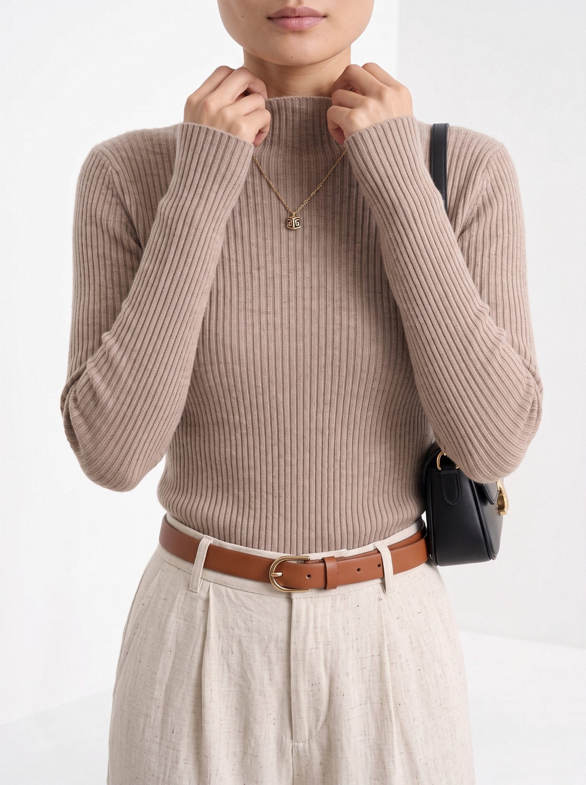 BLENIN cashmere mock neck sweater in camel, close-up of the details