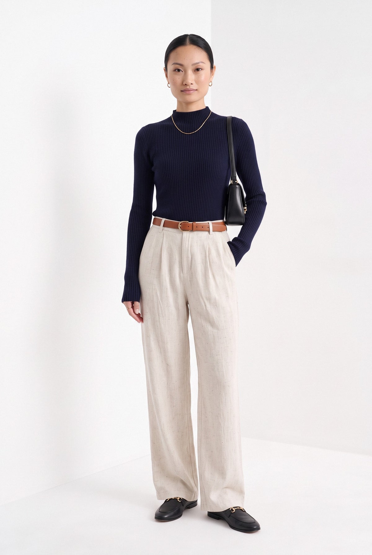 BLENIN cashmere mock neck sweater in navy, full-length front view