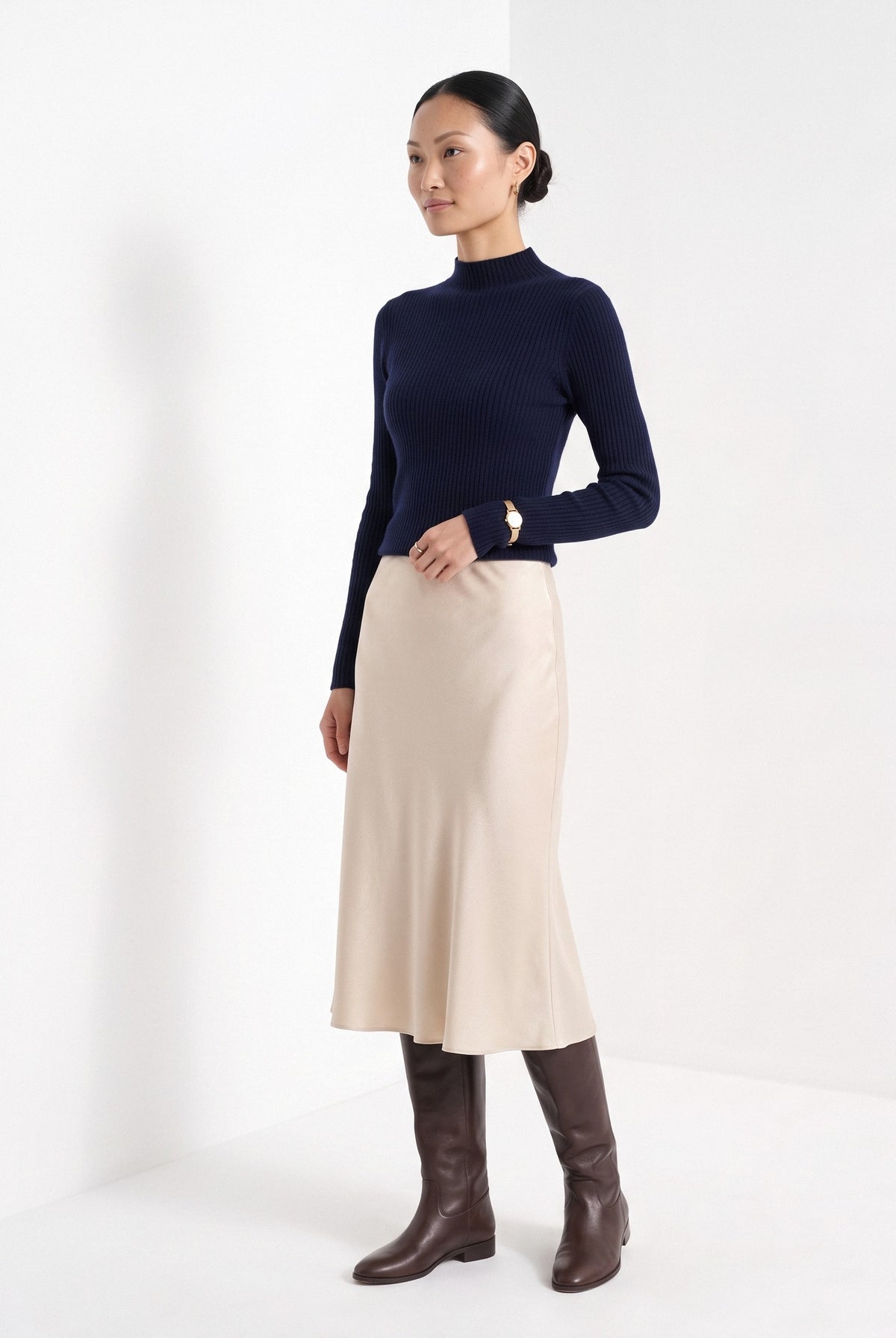 BLENIN cashmere mock neck sweater in navy, three-quarter view