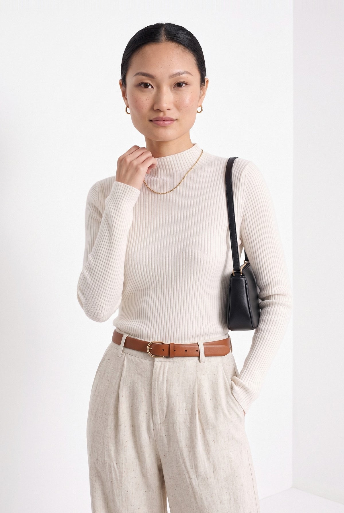 BLENIN cashmere mock neck sweater in milky, front portrait