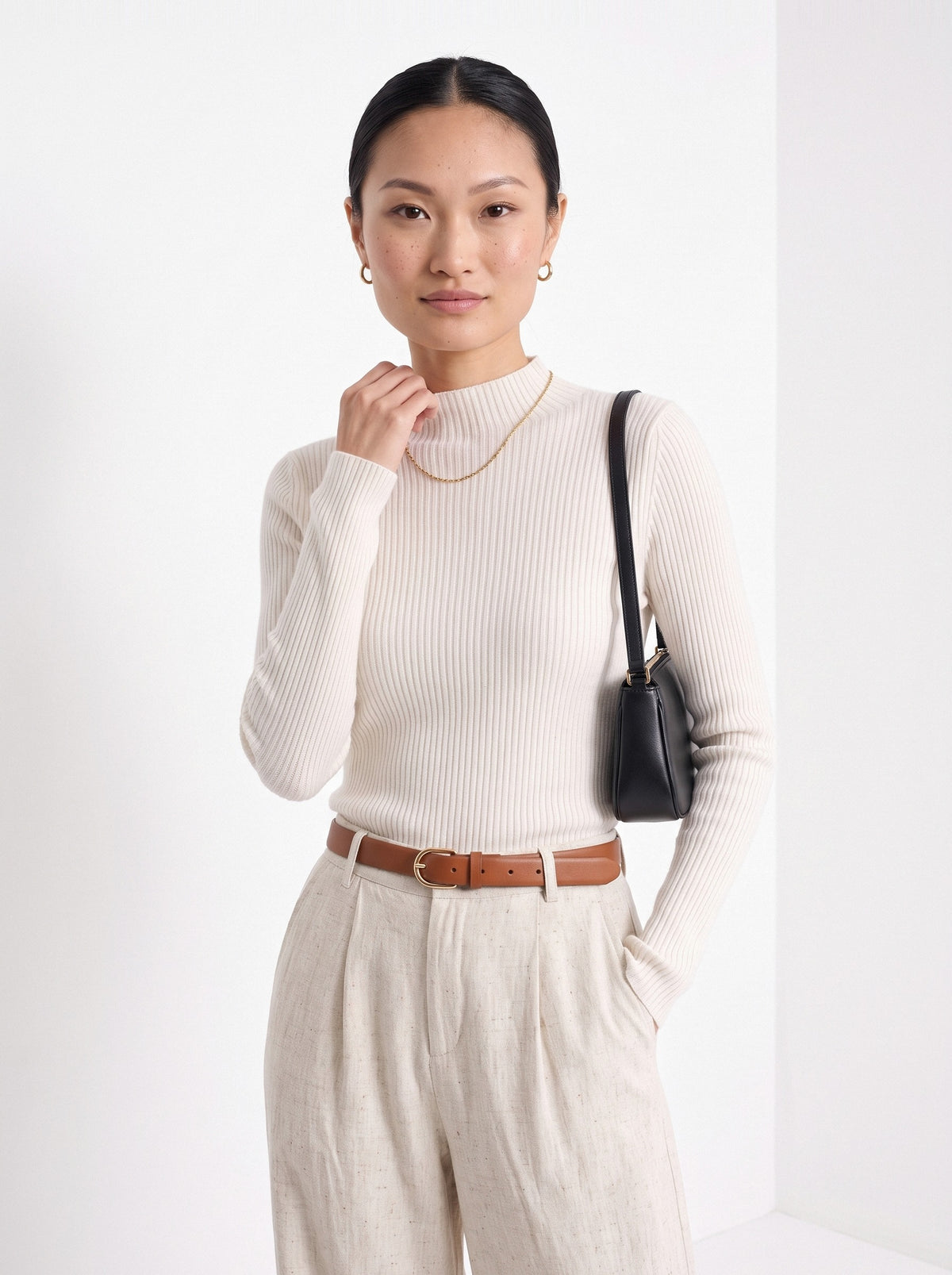 BLENIN cashmere mock neck sweater in milky, front portrait