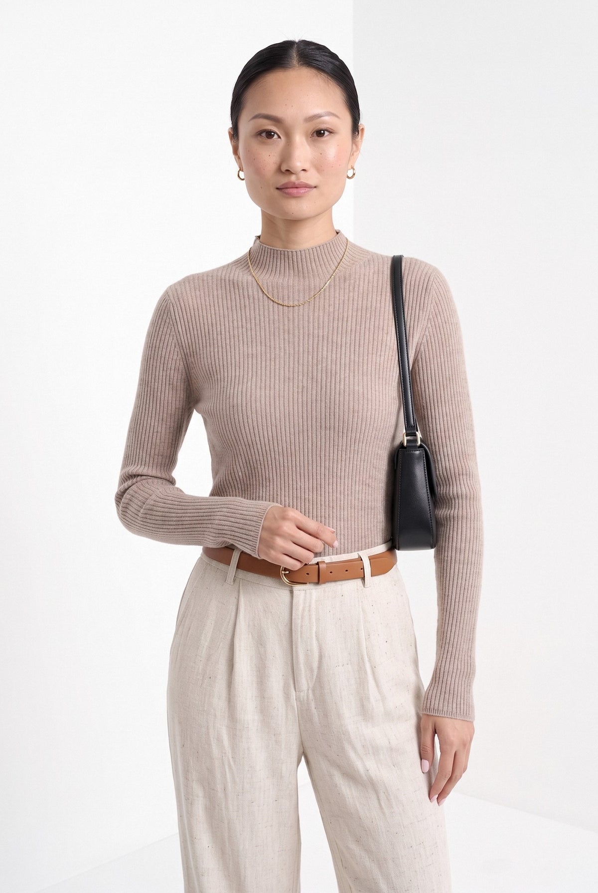 BLENIN cashmere mock neck sweater in camel, front portrait