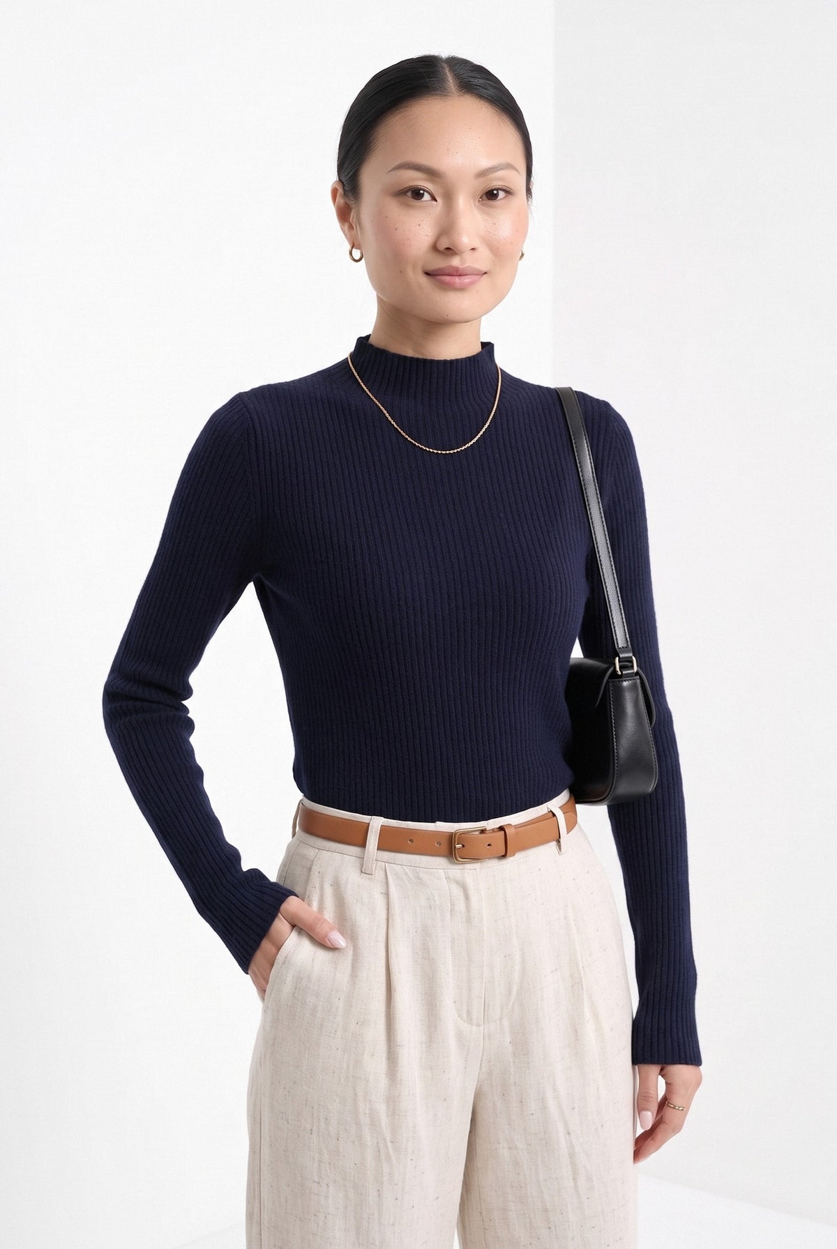 BLENIN cashmere mock neck sweater in navy, front portrait