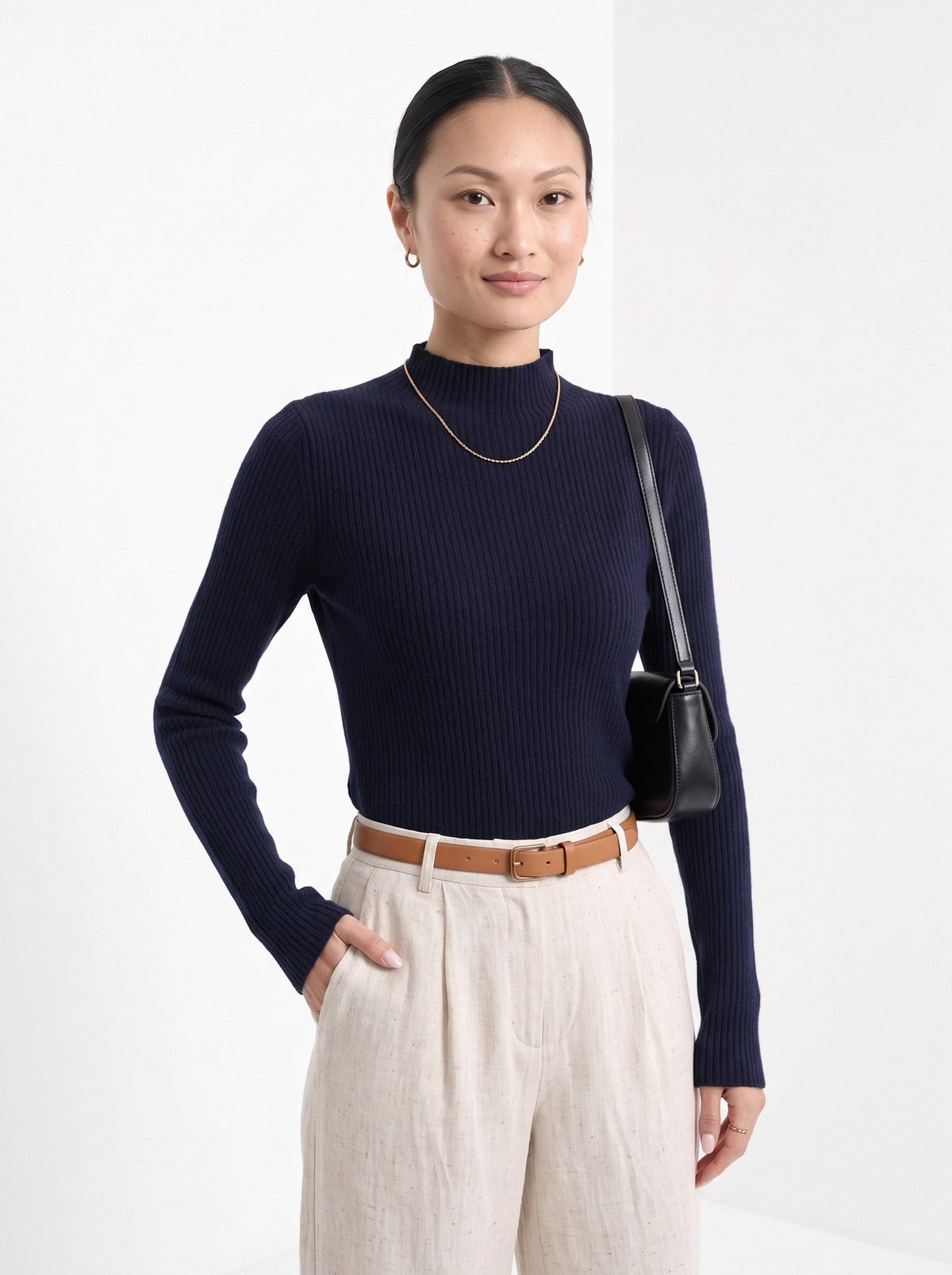 BLENIN cashmere mock neck sweater in navy, front portrait