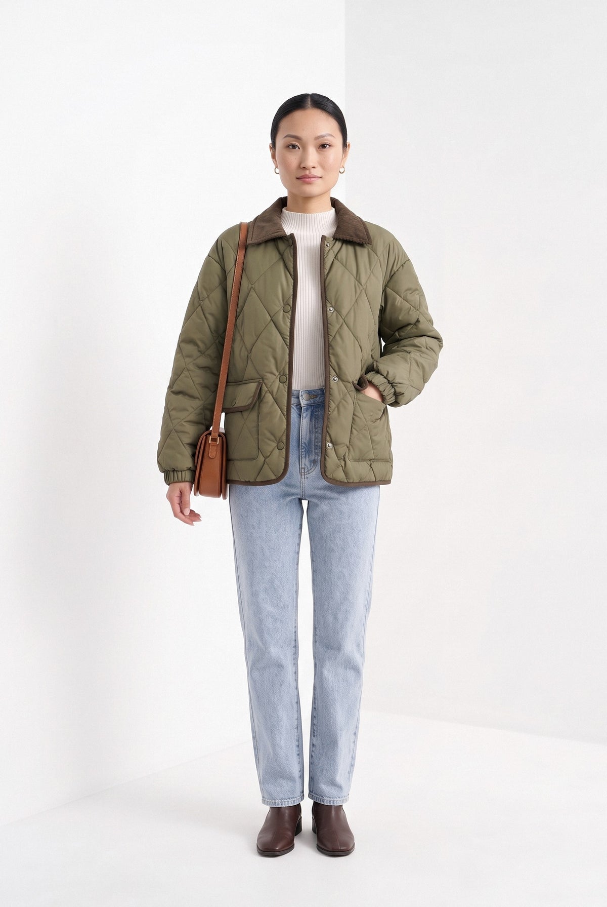 BLENIN quilted corduroy collar jacket in olive, full-length front view