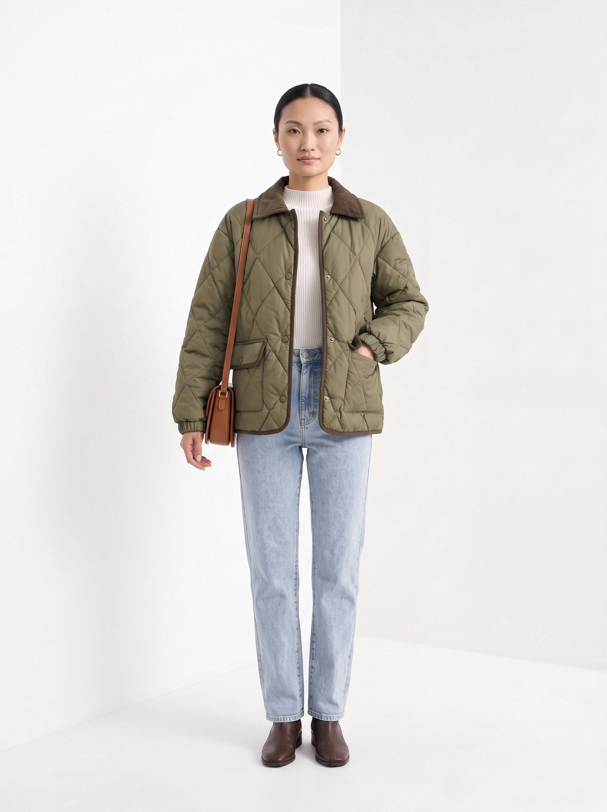 BLENIN quilted corduroy collar jacket in olive, full-length front view