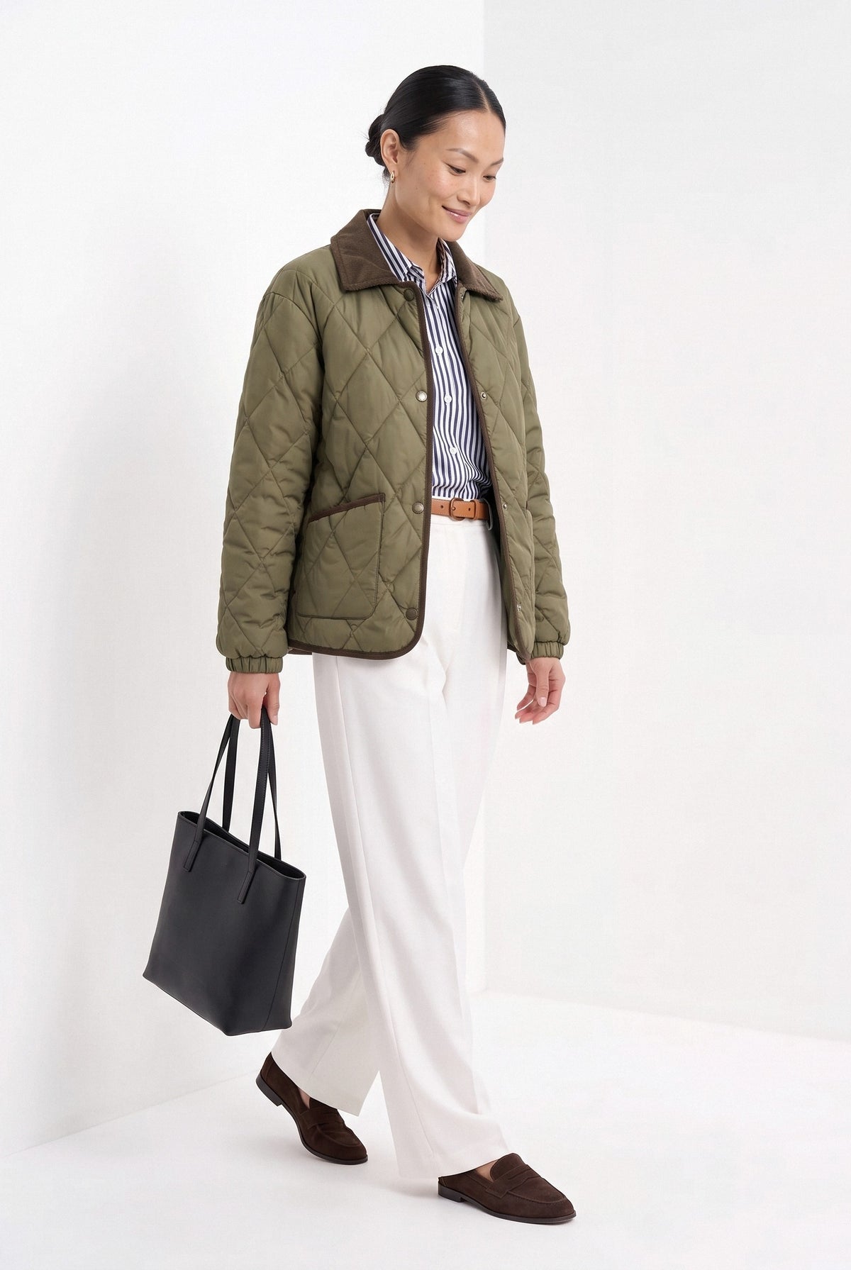 BLENIN quilted corduroy collar jacket in olive, full outfit, walking