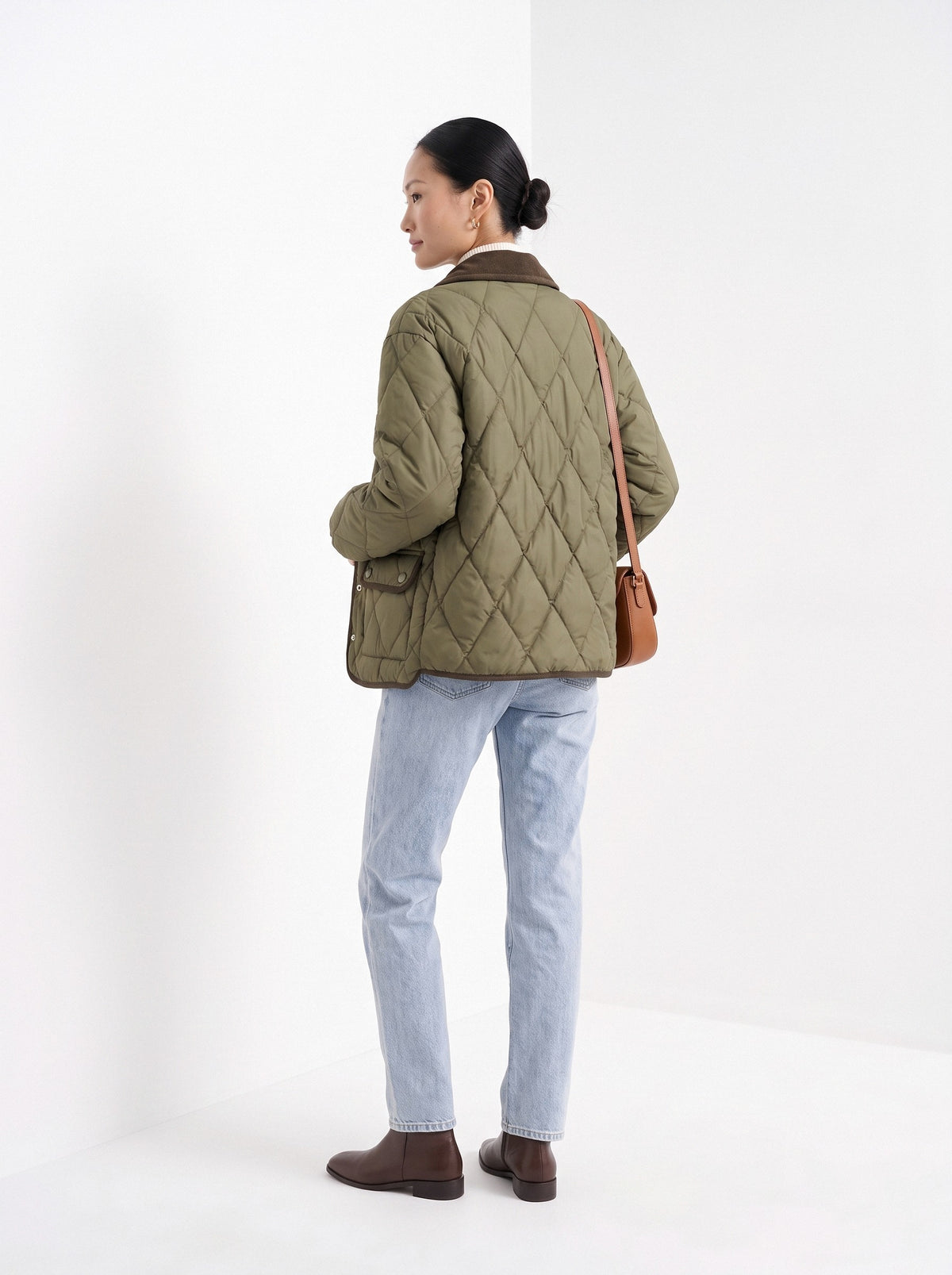 BLENIN quilted corduroy collar jacket in olive, back view