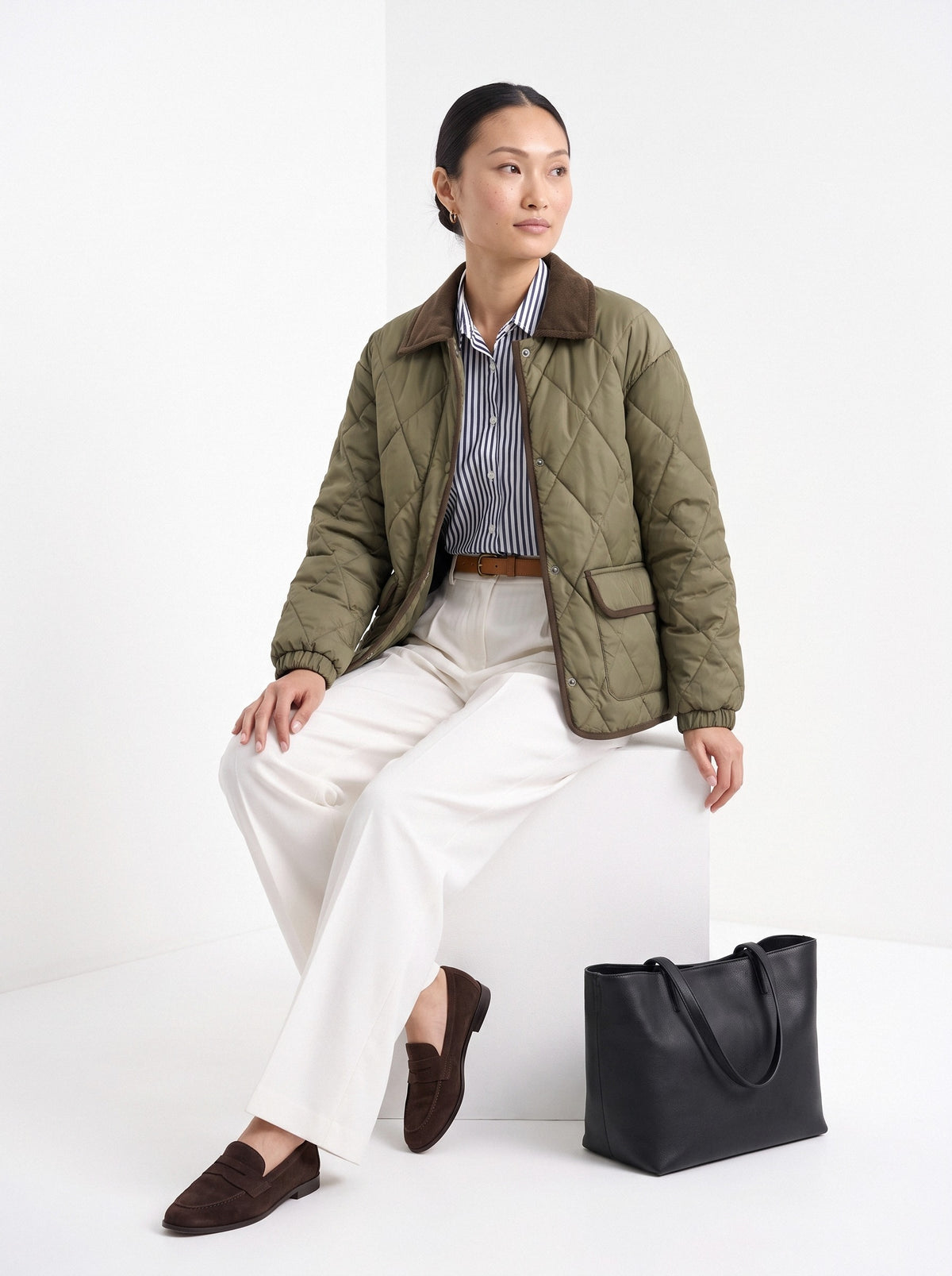 BLENIN quilted corduroy collar jacket in olive, seated, full outfit