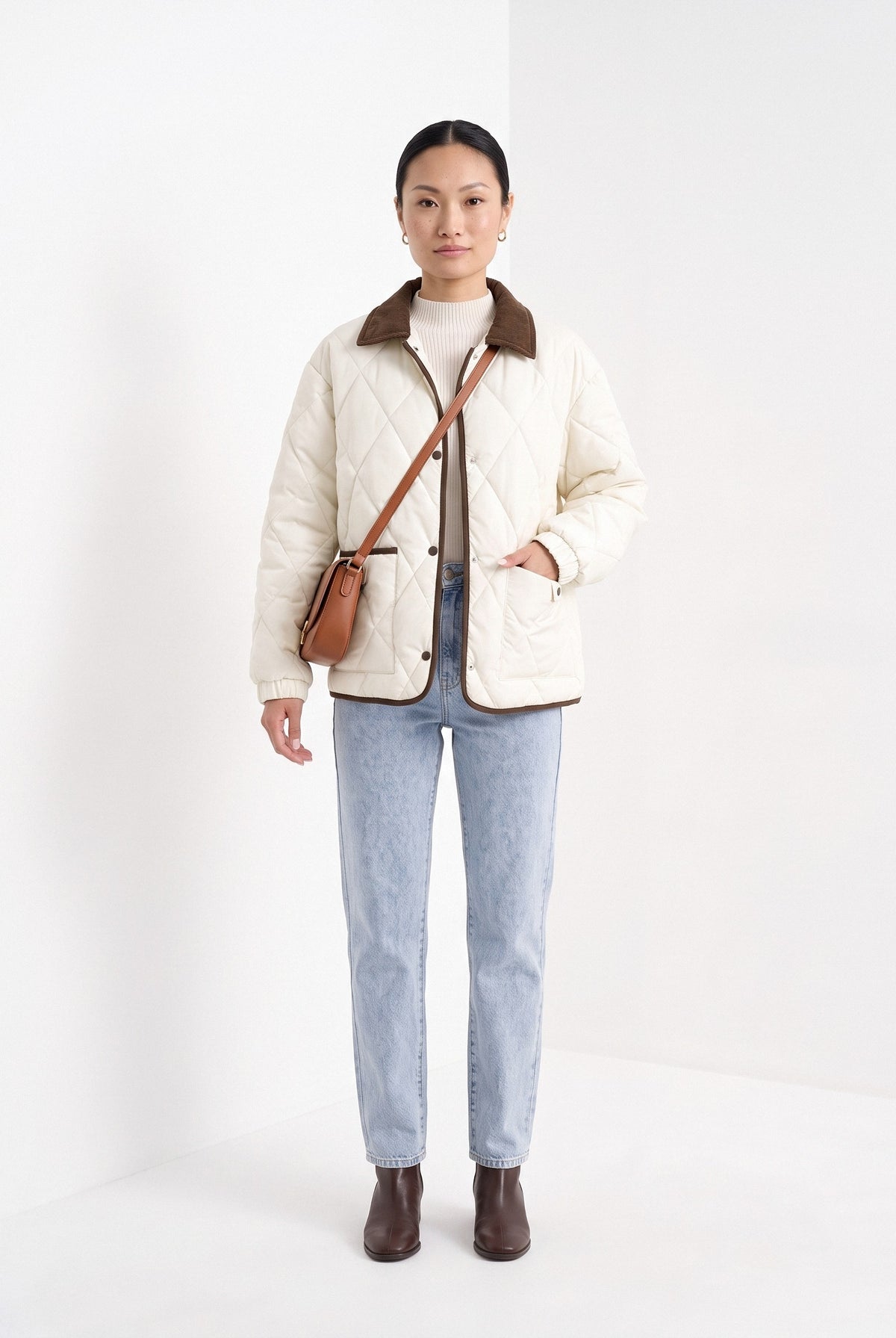 BLENIN quilted corduroy collar jacket in cream, full-length front view