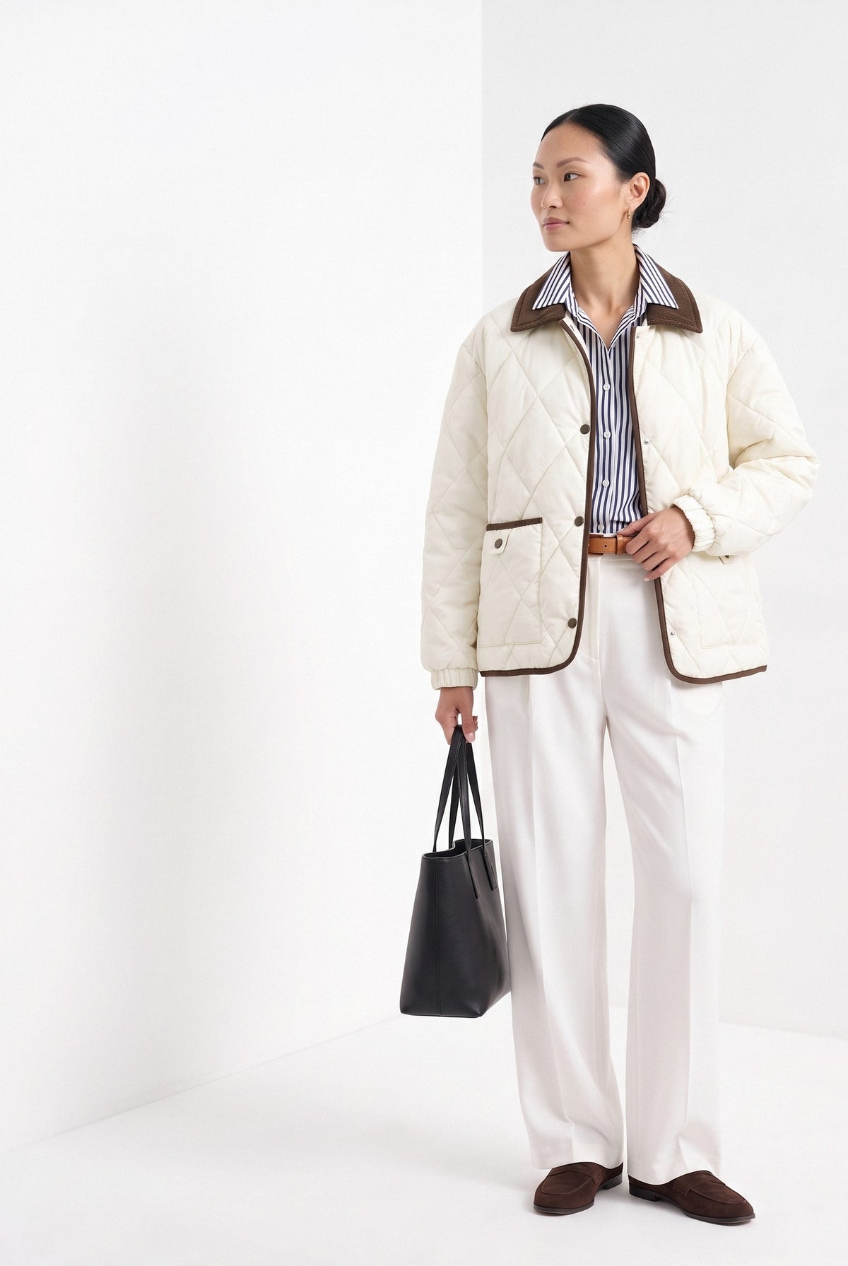 BLENIN quilted corduroy collar jacket in cream, three-quarter view