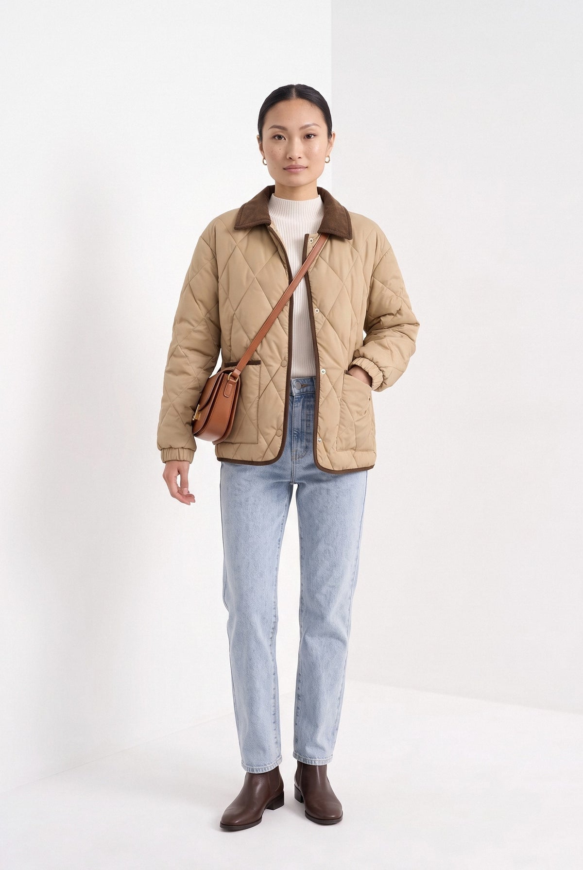 BLENIN quilted corduroy collar jacket in tan, full-length front view