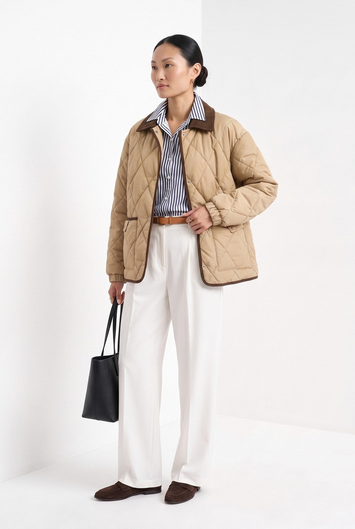 BLENIN quilted corduroy collar jacket in tan, three-quarter view
