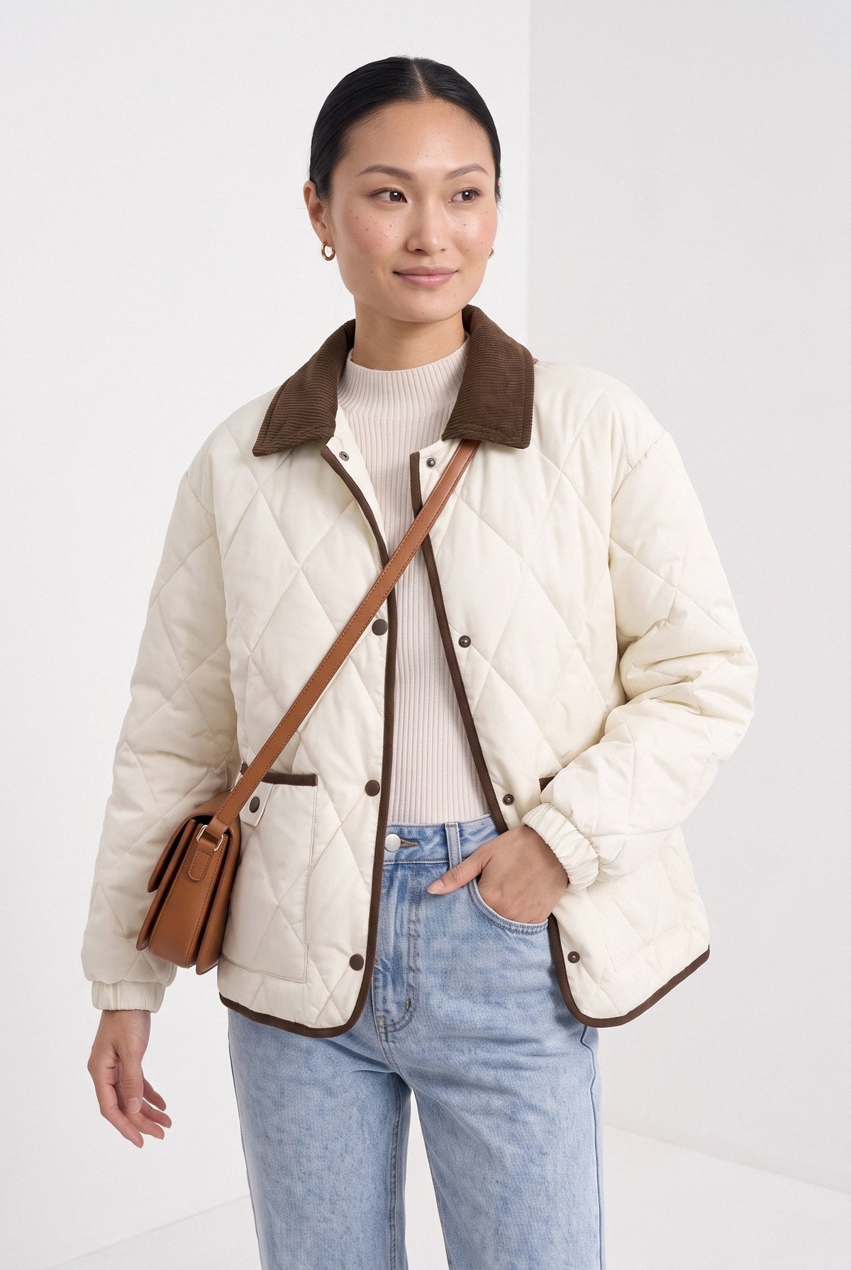 BLENIN quilted corduroy collar jacket in cream, front portrait