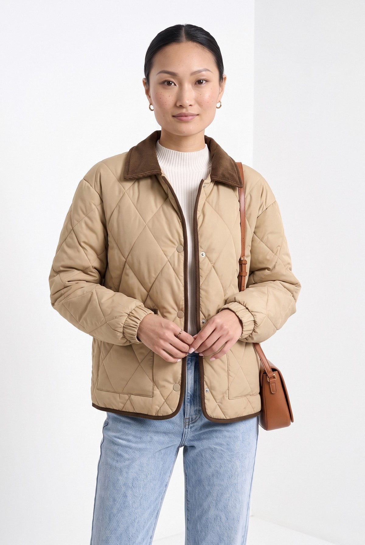 BLENIN quilted corduroy collar jacket in tan, front portrait