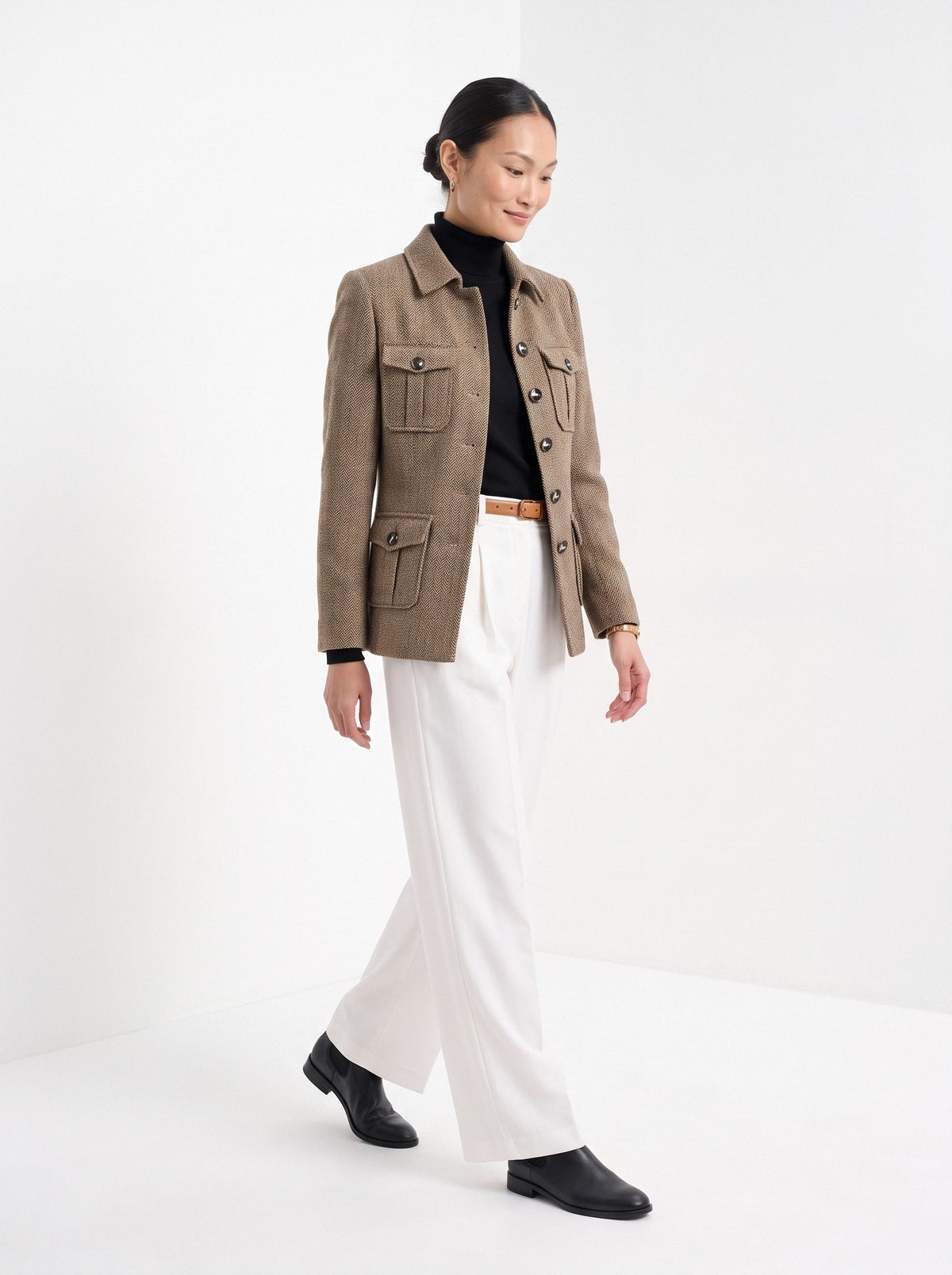 BLENIN herringbone field jacket in camel, full outfit, walking