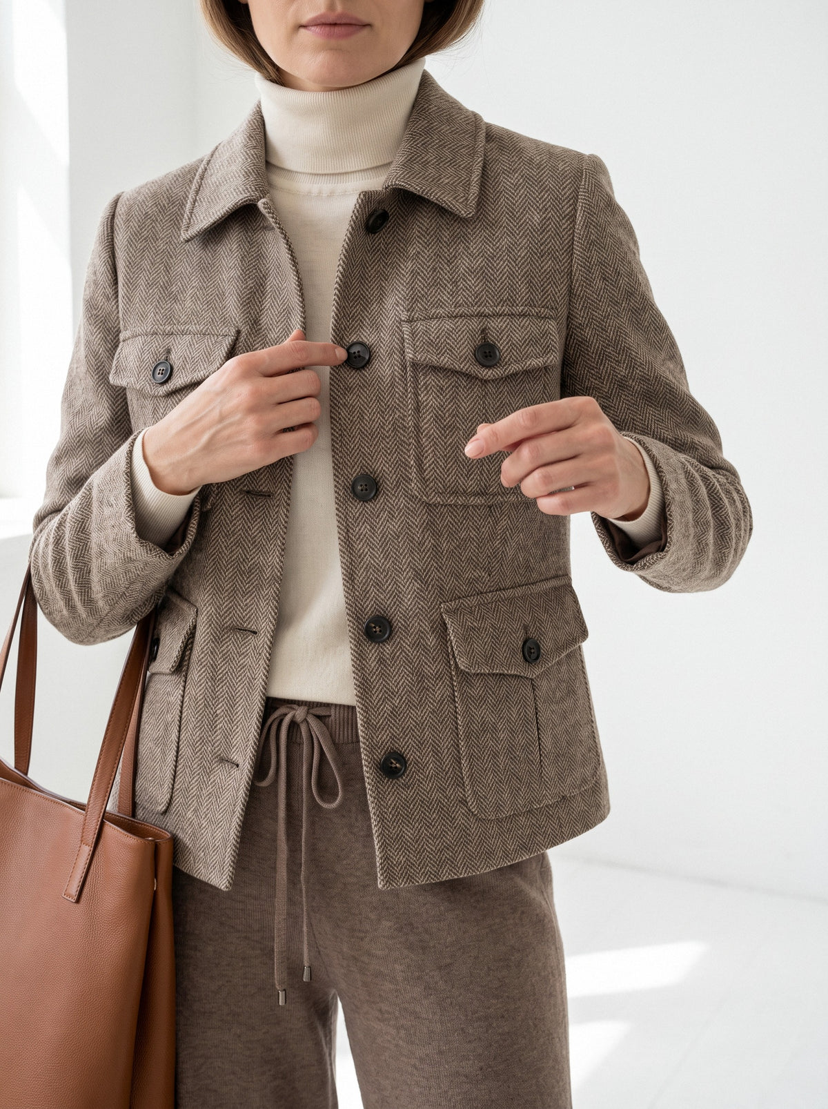 BLENIN herringbone field jacket in camel, close-up of the details