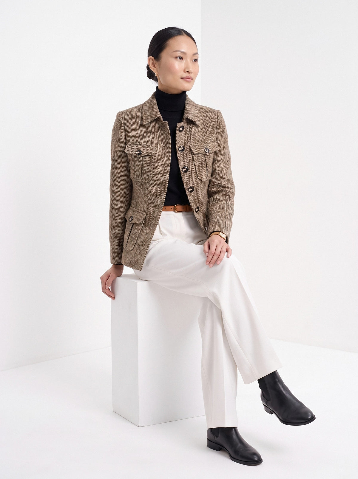 BLENIN herringbone field jacket in camel, seated, full outfit