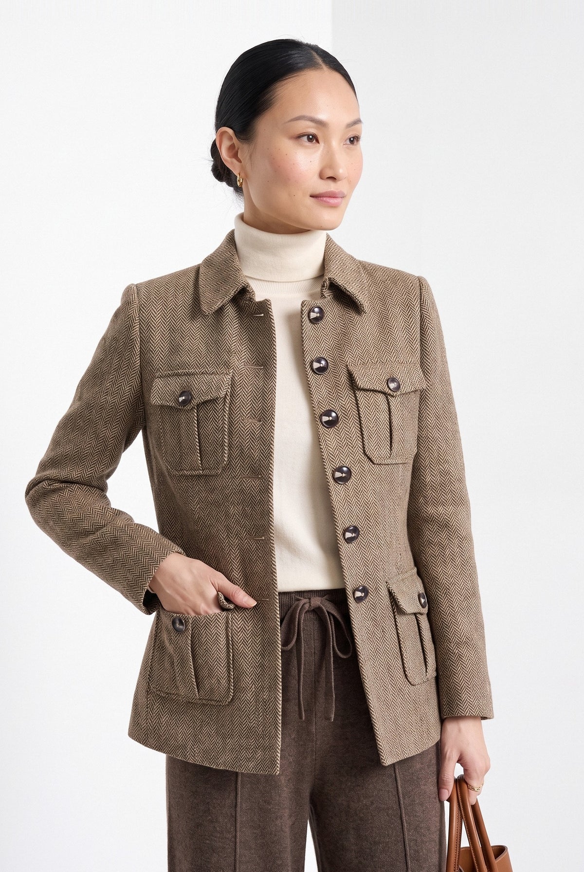 BLENIN herringbone field jacket in camel, front portrait