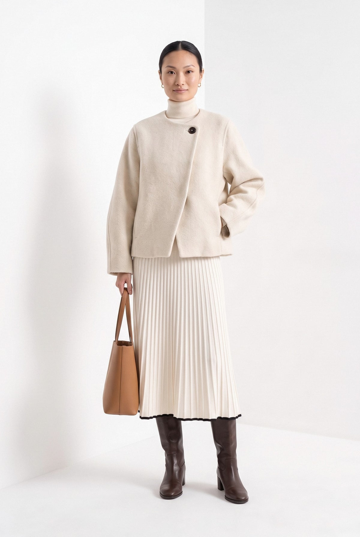 BLENIN collarless short coat in cream, full-length front view