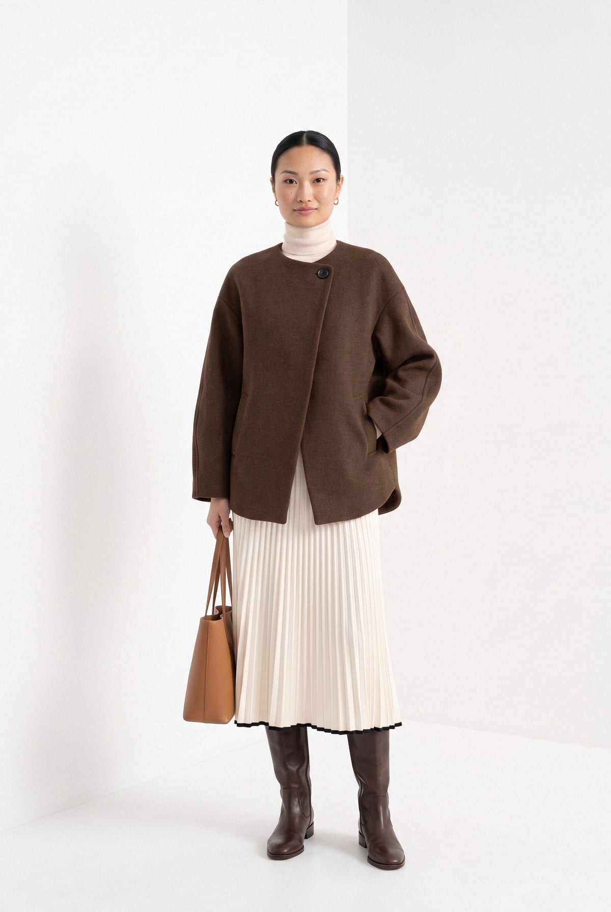 BLENIN collarless short coat in chocolate, full-length front view