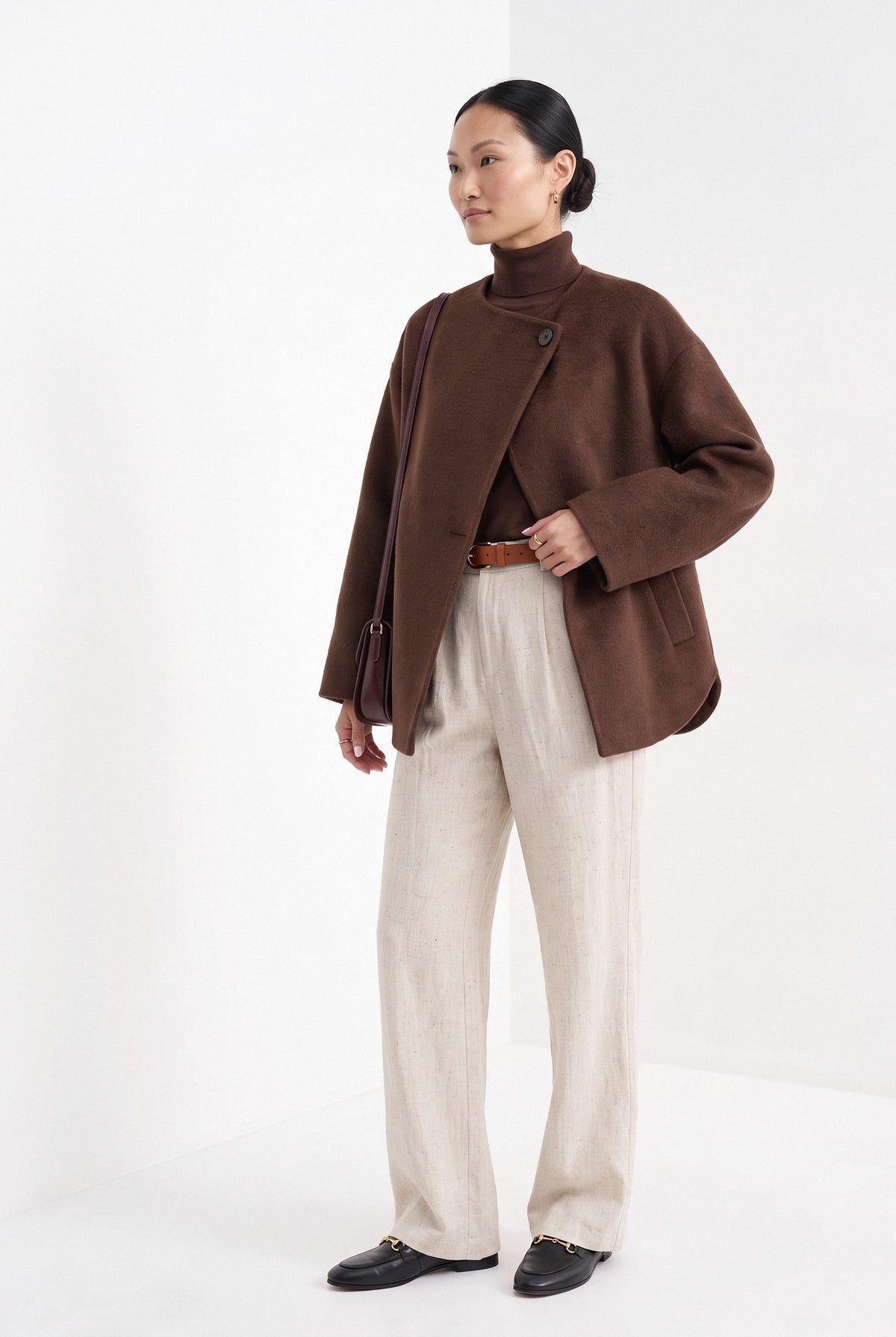 BLENIN collarless short coat in chocolate, three-quarter view