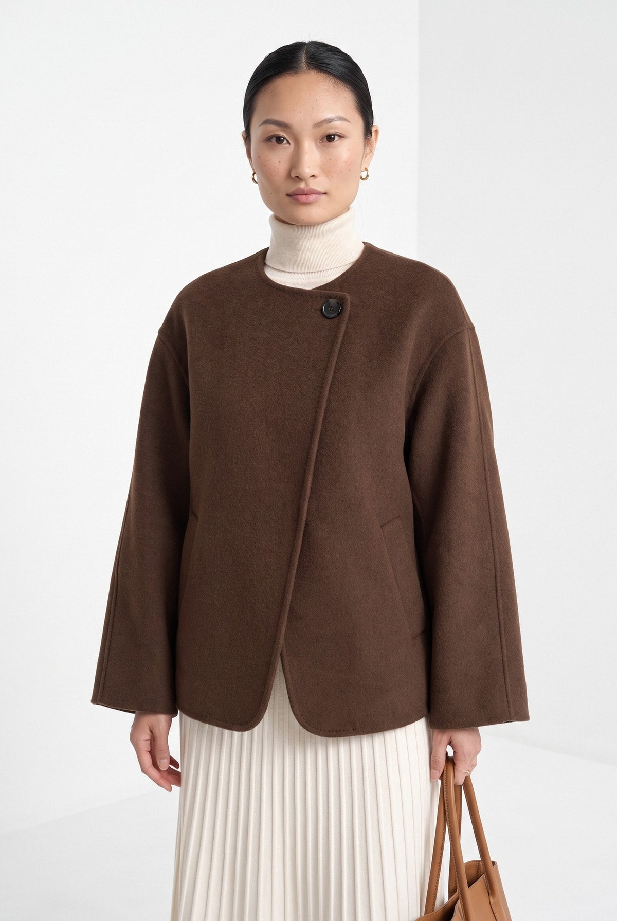 BLENIN collarless short coat in chocolate, front portrait