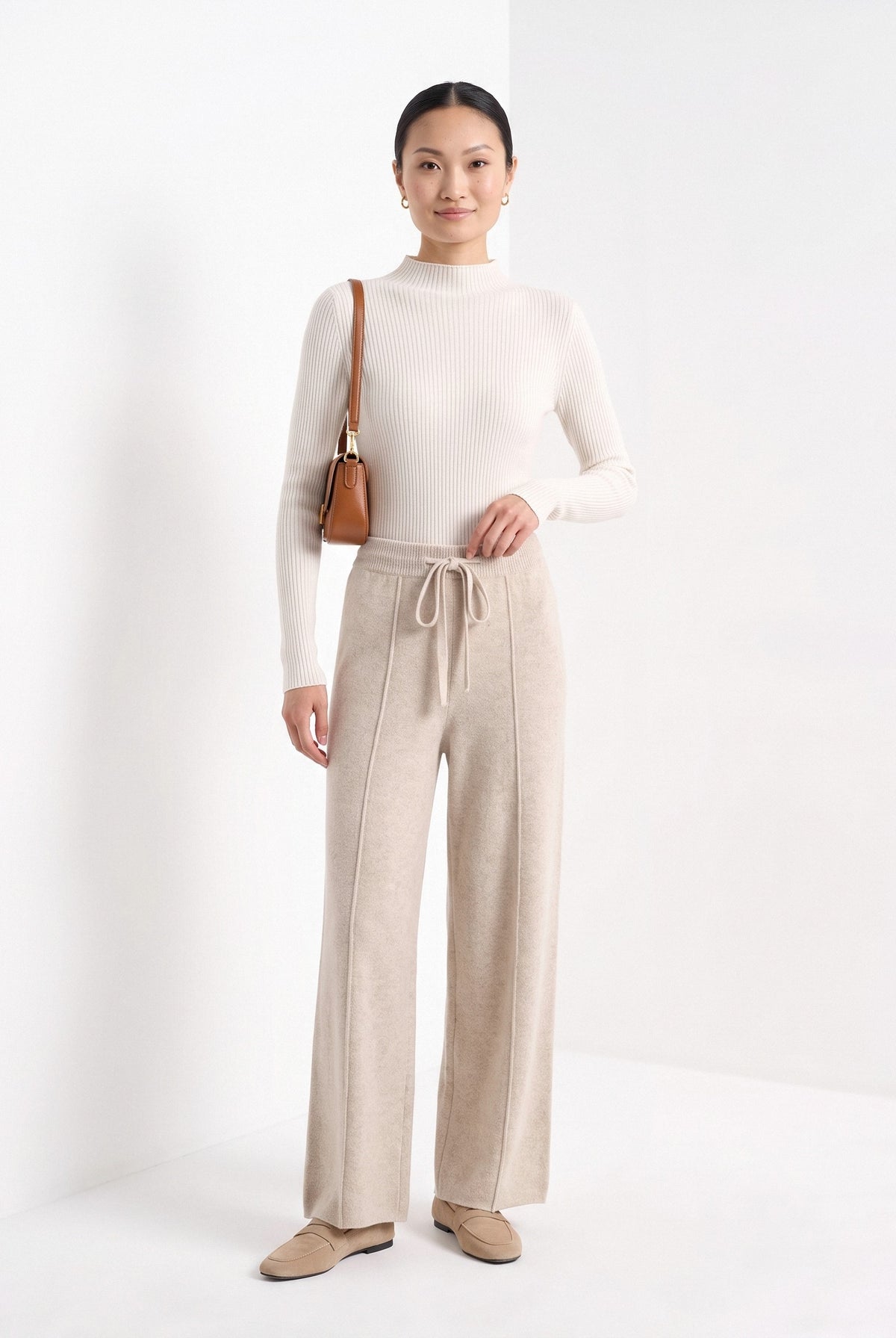 BLENIN knit wide leg trousers in beige, full-length front view