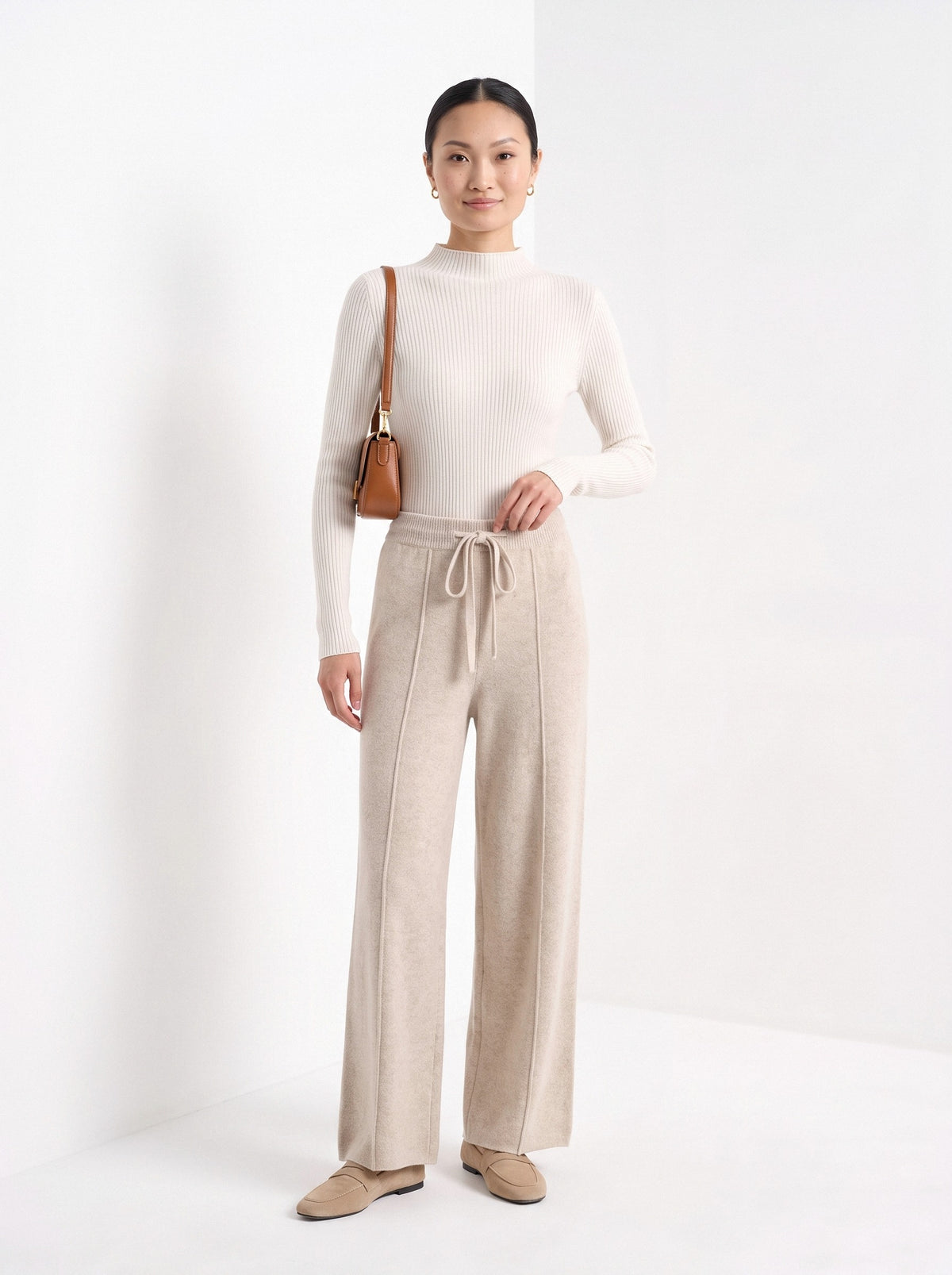 BLENIN knit wide leg trousers in beige, full-length front view