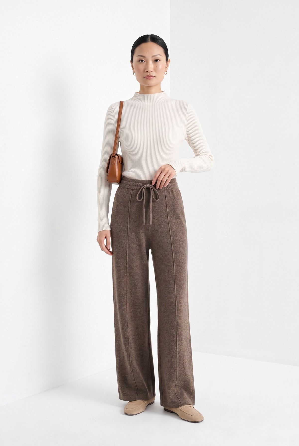 BLENIN knit wide leg trousers in mocha, full-length front view