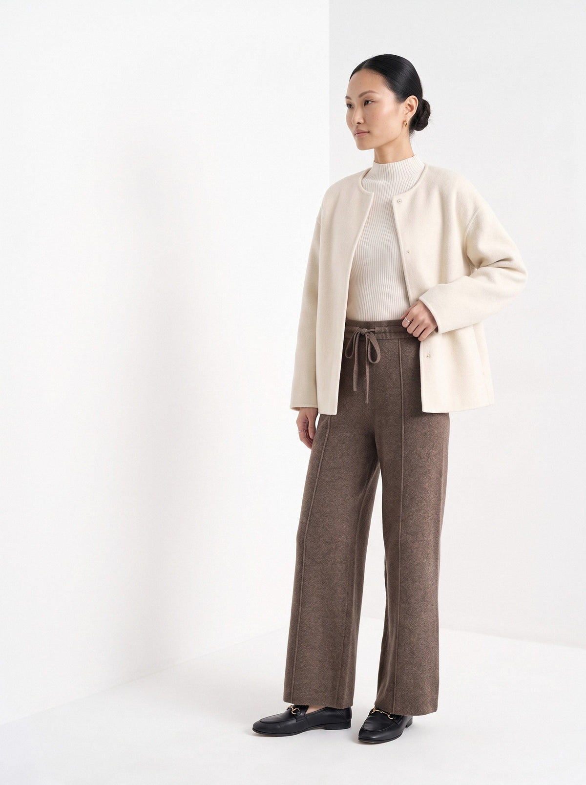 BLENIN knit wide leg trousers in mocha, three-quarter view
