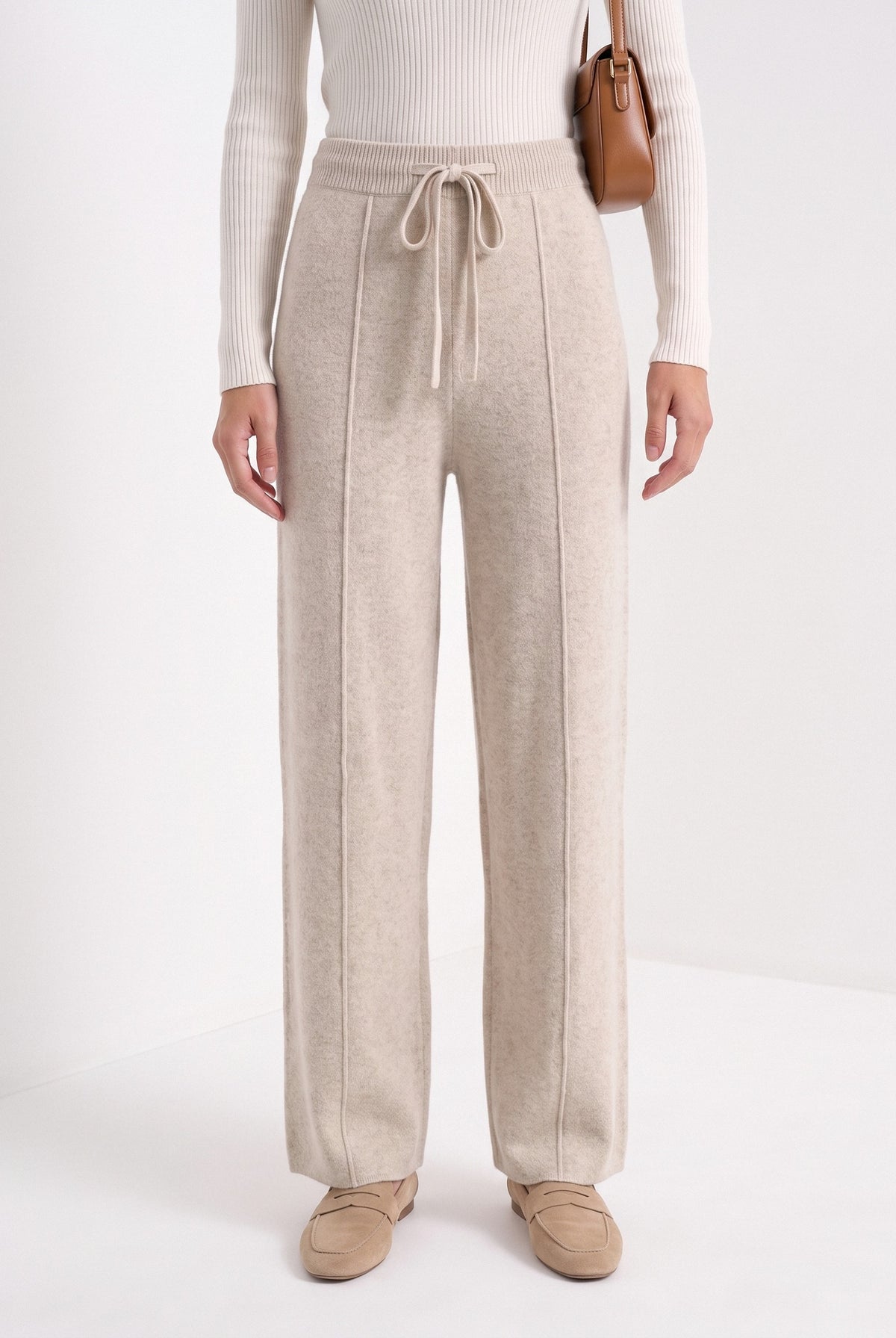 BLENIN knit wide leg trousers in beige, front portrait