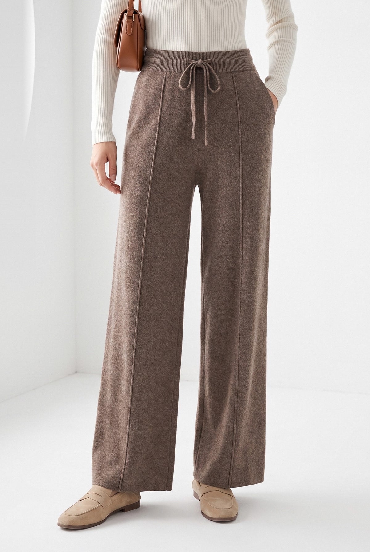 BLENIN knit wide leg trousers in mocha, front portrait