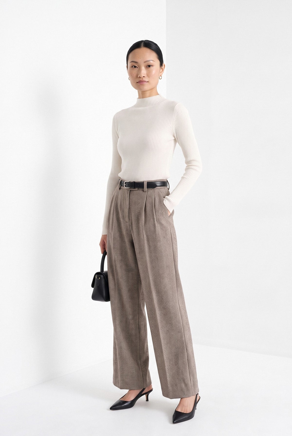 BLENIN herringbone wide leg trousers in coffee, full-length front view