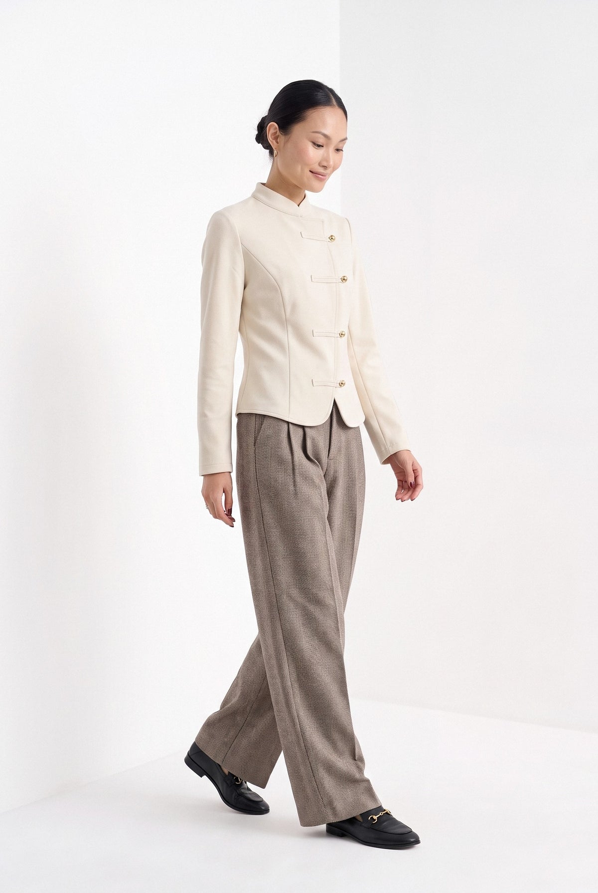 BLENIN herringbone wide leg trousers in coffee, full outfit, walking