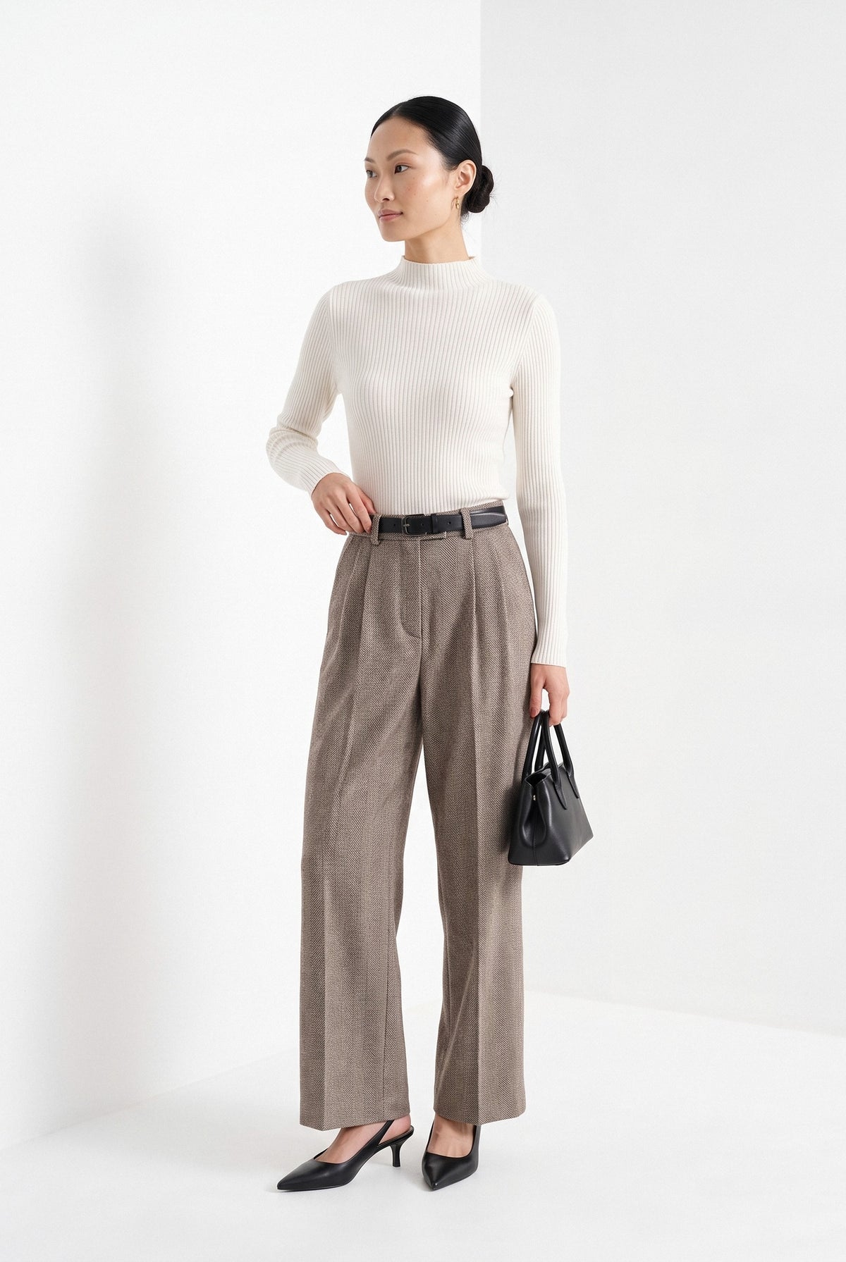 BLENIN herringbone wide leg trousers in coffee, three-quarter view