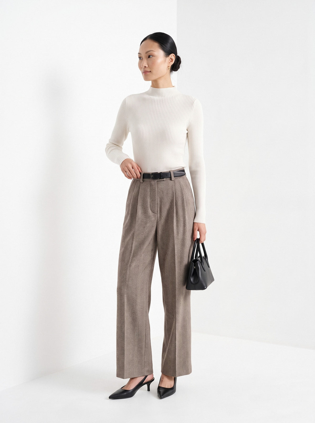 BLENIN herringbone wide leg trousers in coffee, three-quarter view