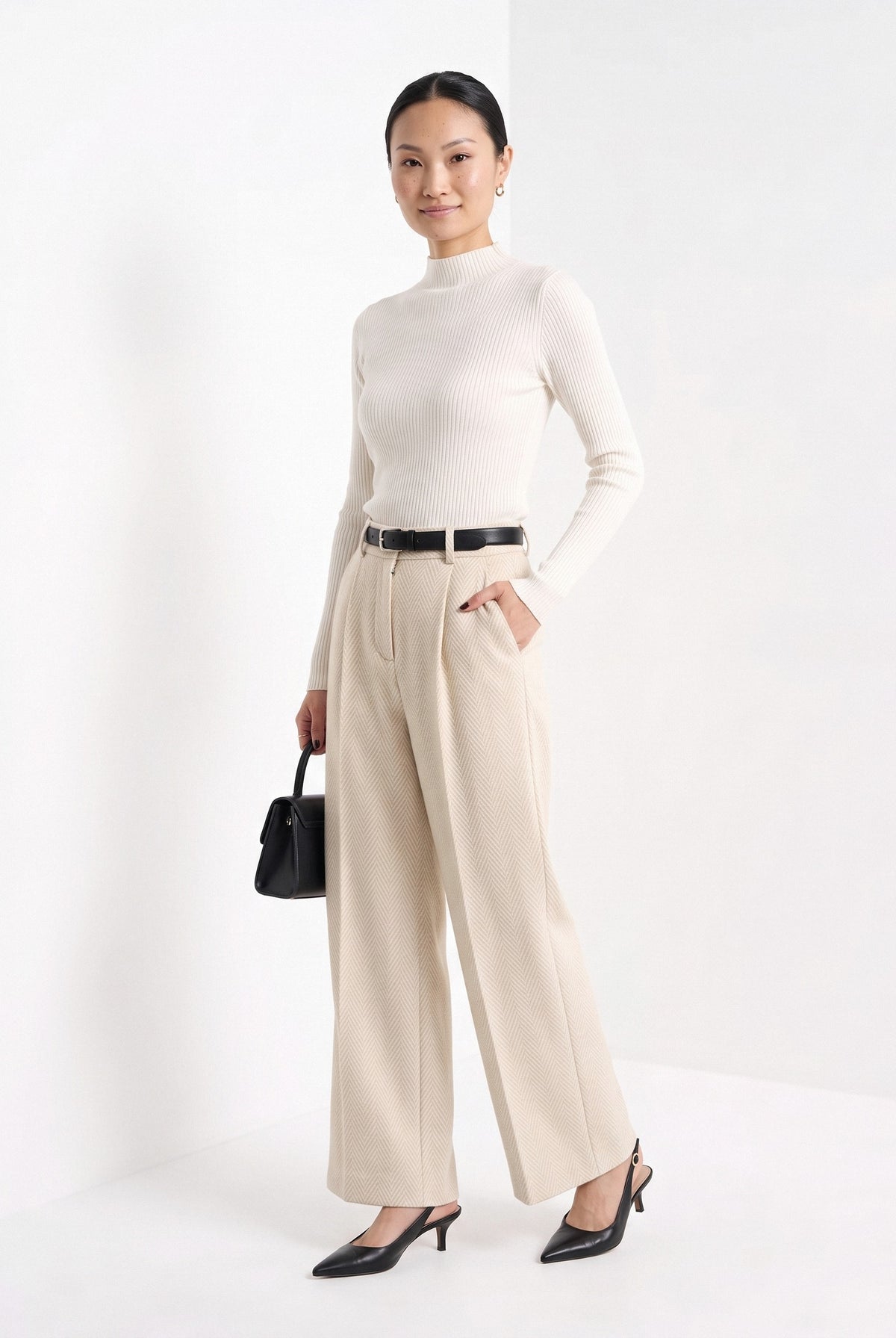 BLENIN herringbone wide leg trousers in cream, full-length front view