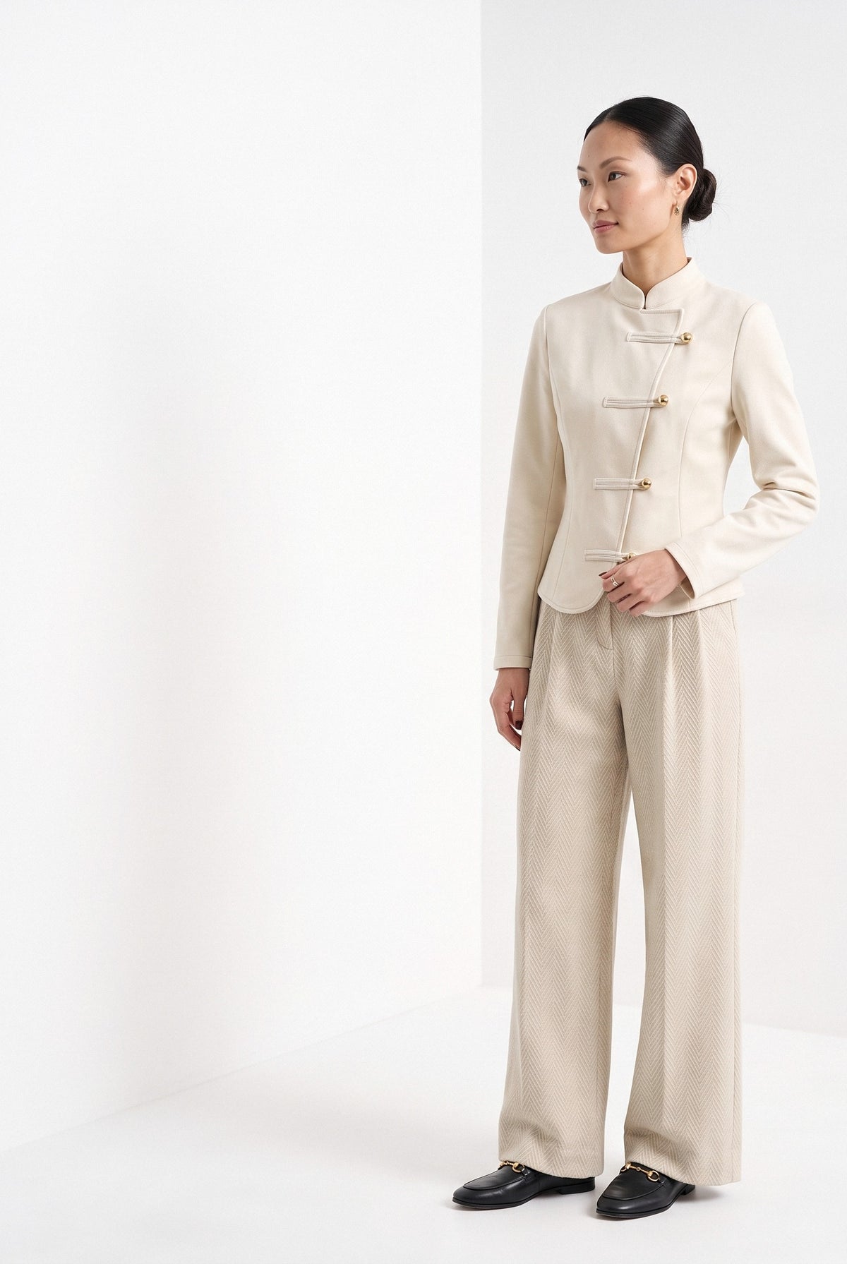 BLENIN herringbone wide leg trousers in cream, three-quarter view