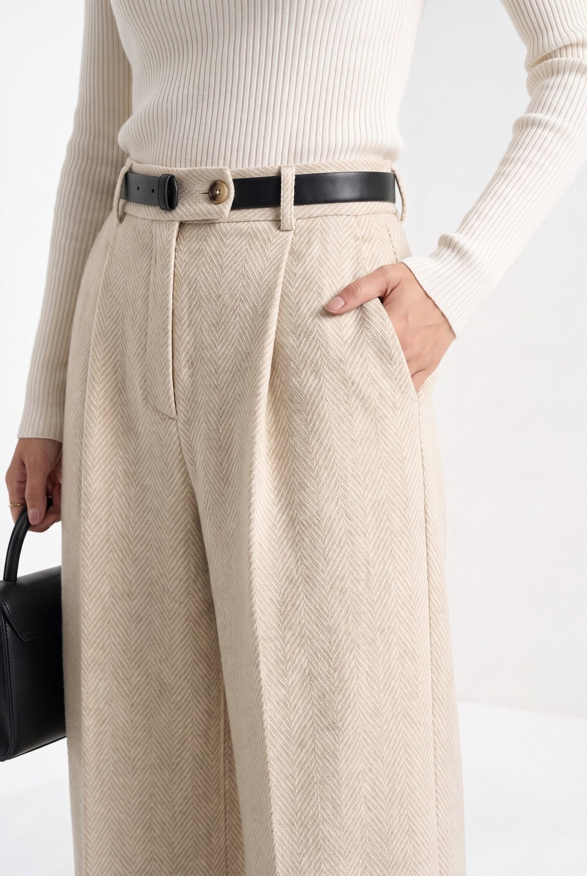 BLENIN herringbone wide leg trousers in cream, close-up of the details