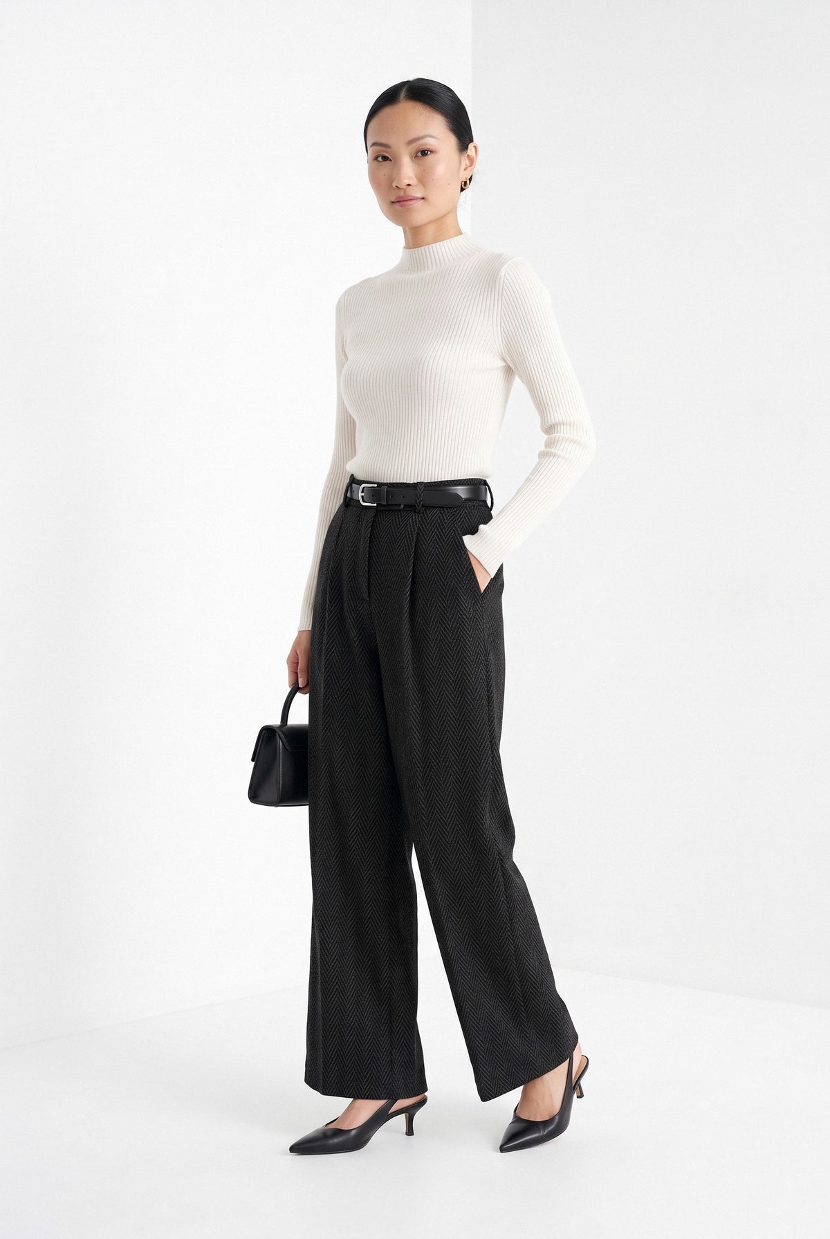 BLENIN herringbone wide leg trousers in black, full-length front view