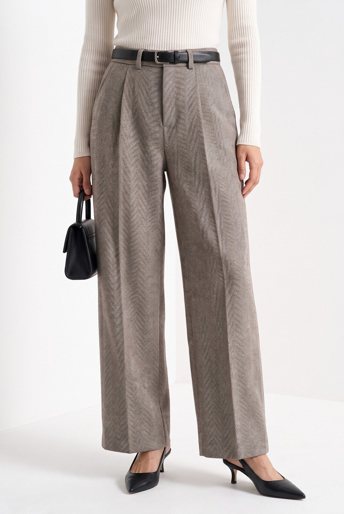 BLENIN herringbone wide leg trousers in coffee, front portrait