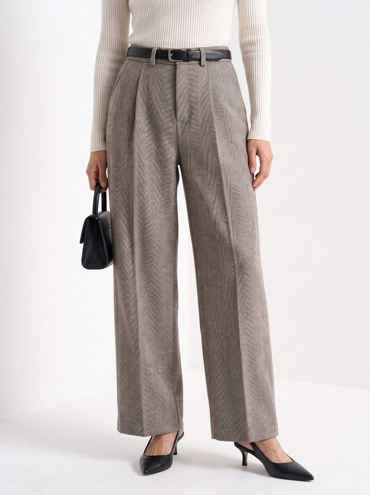 BLENIN herringbone wide leg trousers in coffee, front portrait