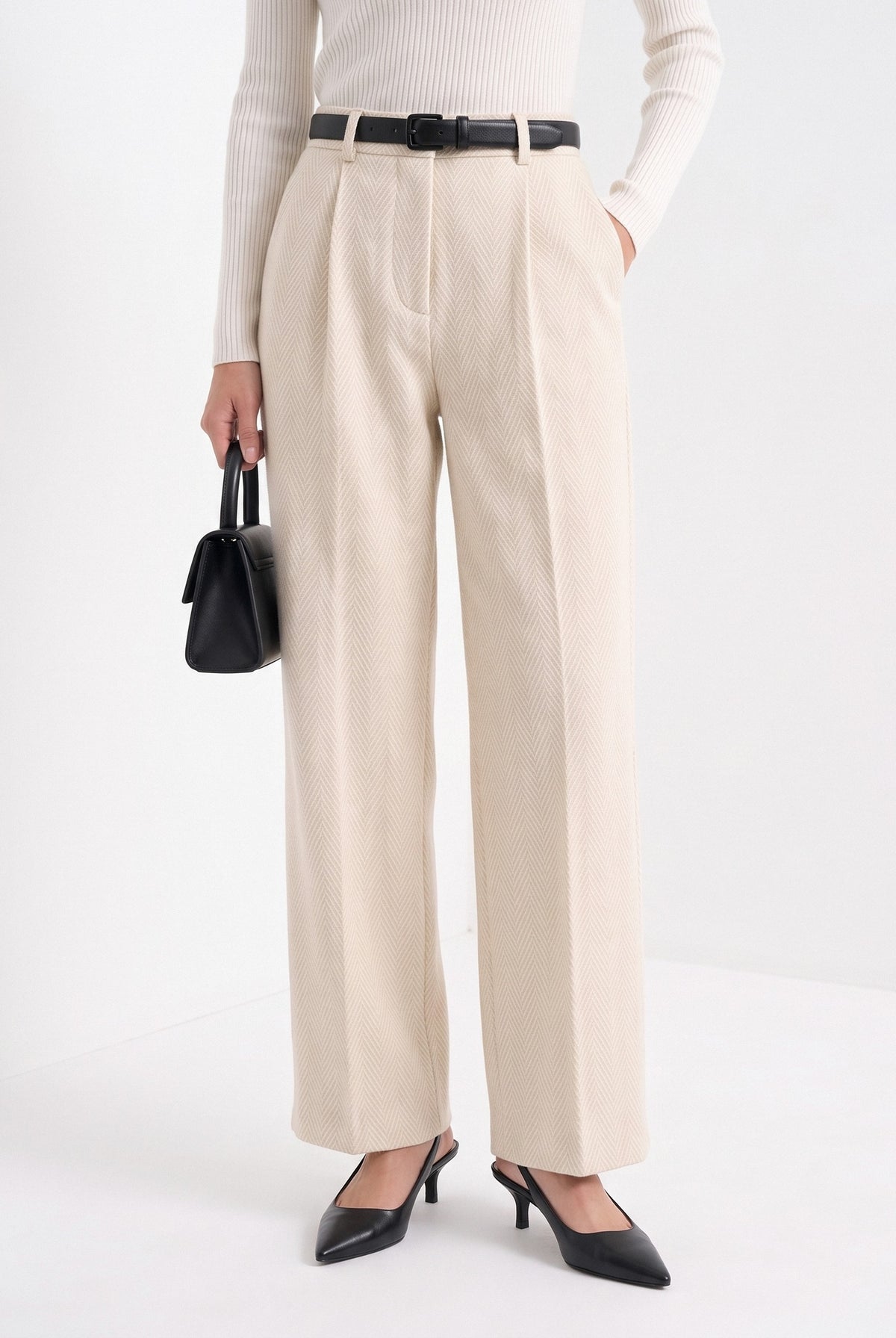 BLENIN herringbone wide leg trousers in cream, front portrait
